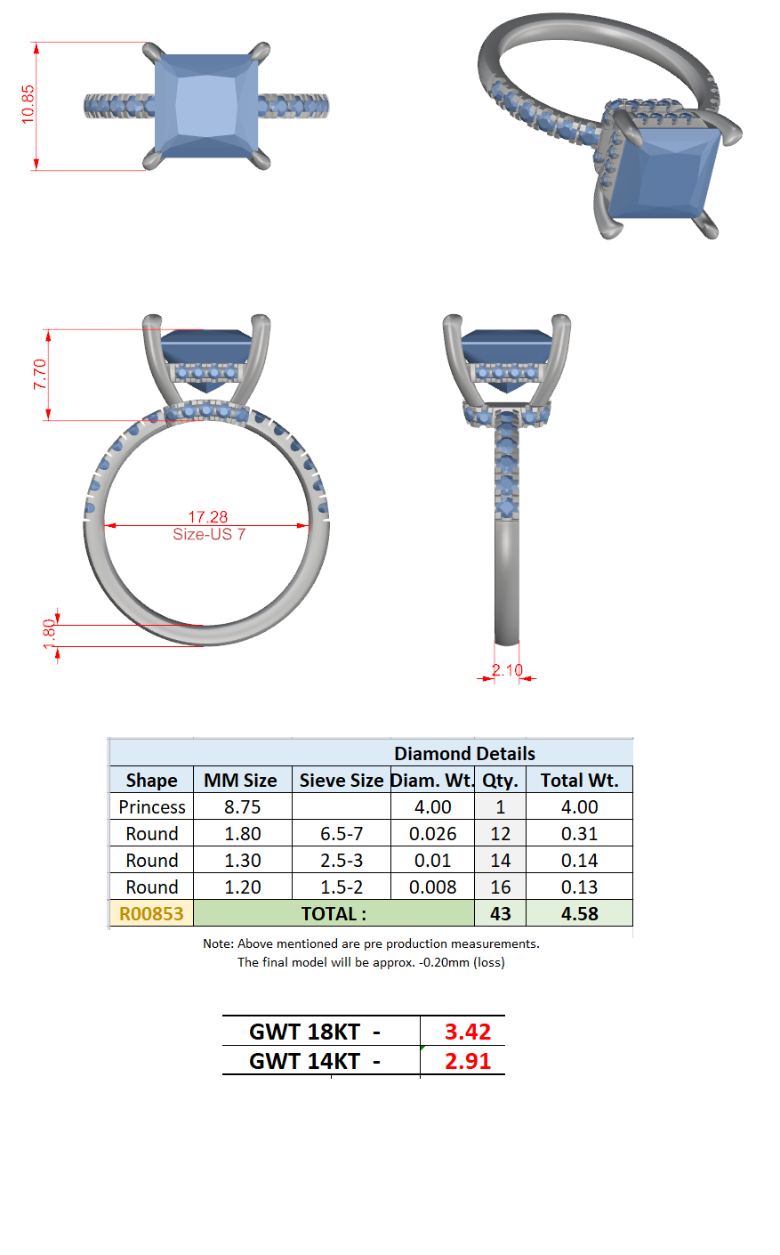 4.58 Ct. Classic Princess Diamond Ring with Hidden Halo and Pavé Band Setting (DDLR-259-PR) 14