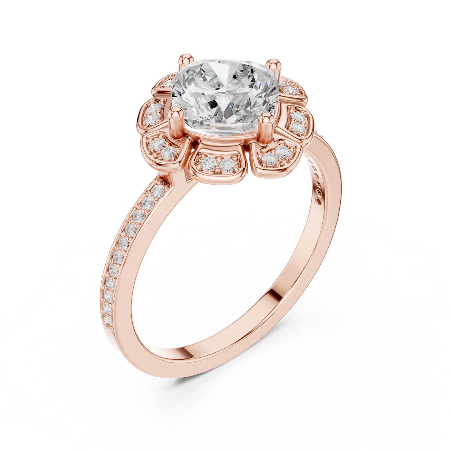 1.68 Ct. Classic Cushion Diamond Floral Halo Ring with Pavé Shank (DDLR-363) 9