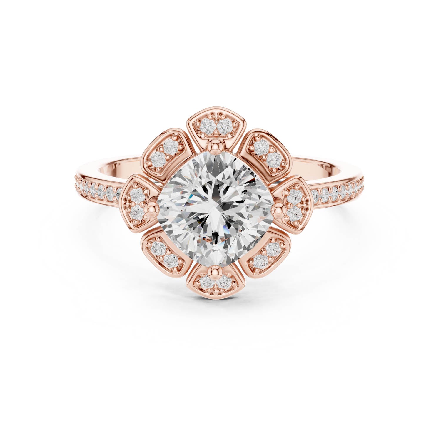 1.68 Ct. Classic Cushion Diamond Floral Halo Ring with Pavé Shank (DDLR-363) 12
