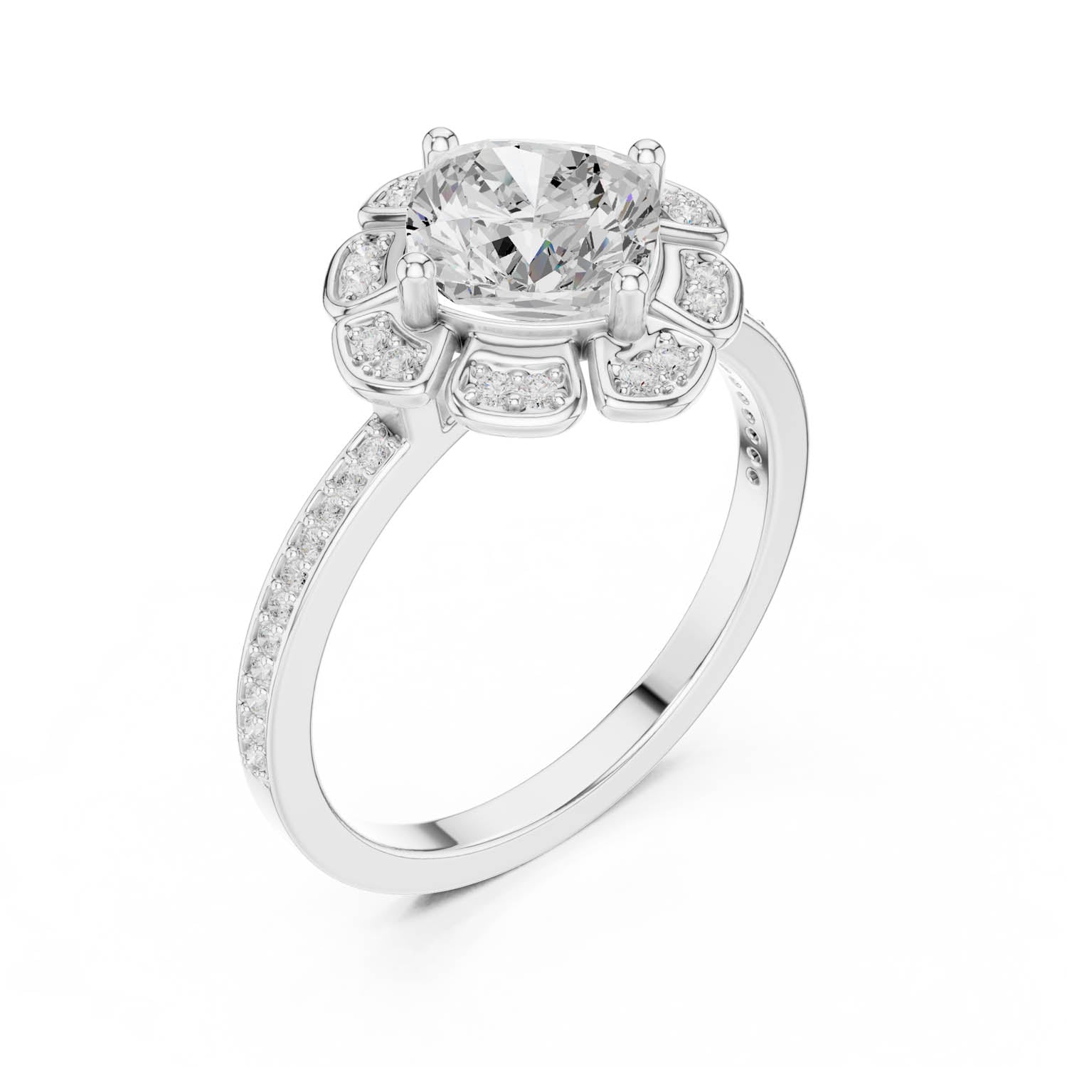 1.68 Ct. Classic Cushion Diamond Floral Halo Ring with Pavé Shank (DDLR-363) 10