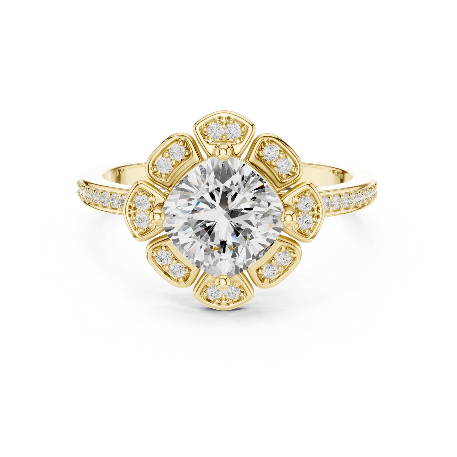 1.68 Ct. Classic Cushion Diamond Floral Halo Ring with Pavé Shank (DDLR-363) 5