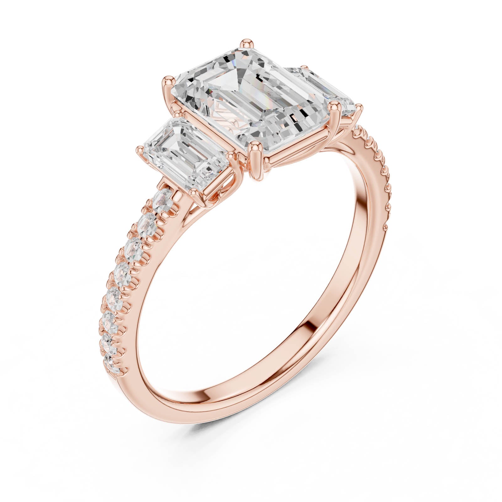 3.24 Ct. Emerald Cut Diamond Three-Stone Ring with Pavé Band (DDLR-790) 10