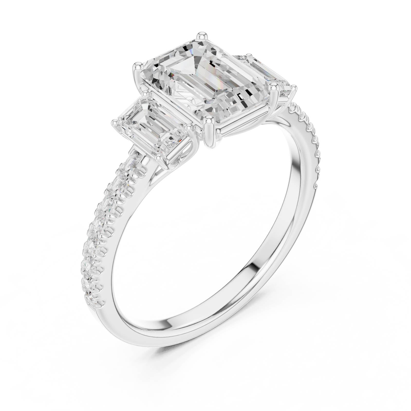 3.24 Ct. Emerald Cut Diamond Three-Stone Ring with Pavé Band (DDLR-790) 12