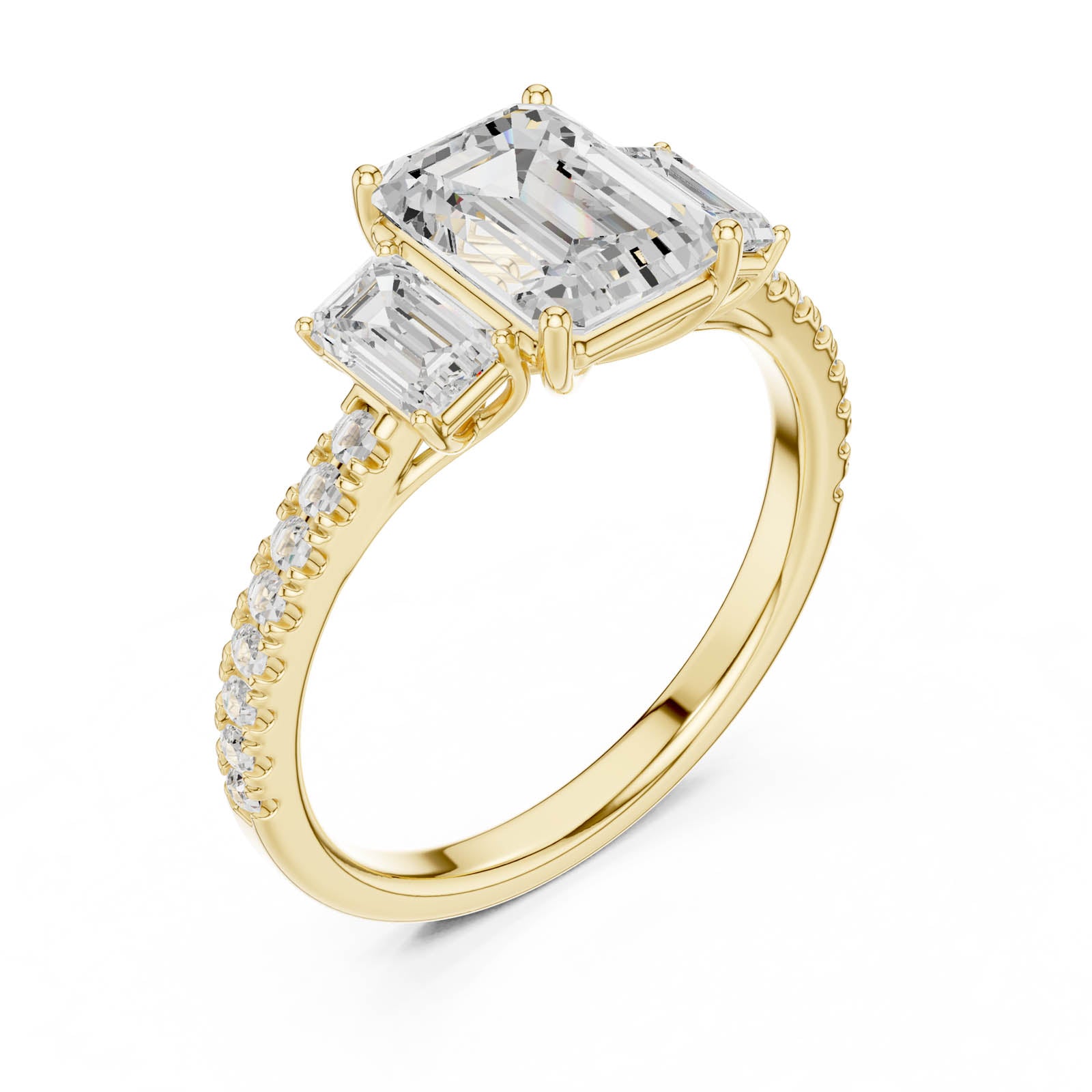 3.24 Ct. Emerald Cut Diamond Three-Stone Ring with Pavé Band (DDLR-790)