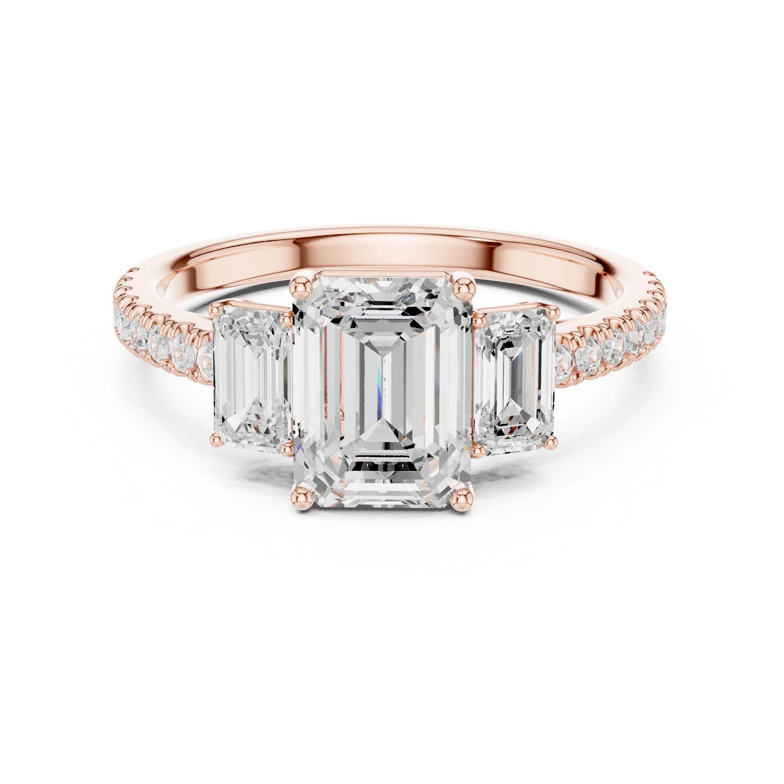 3.24 Ct. Emerald Cut Diamond Three-Stone Ring with Pavé Band (DDLR-790) 5