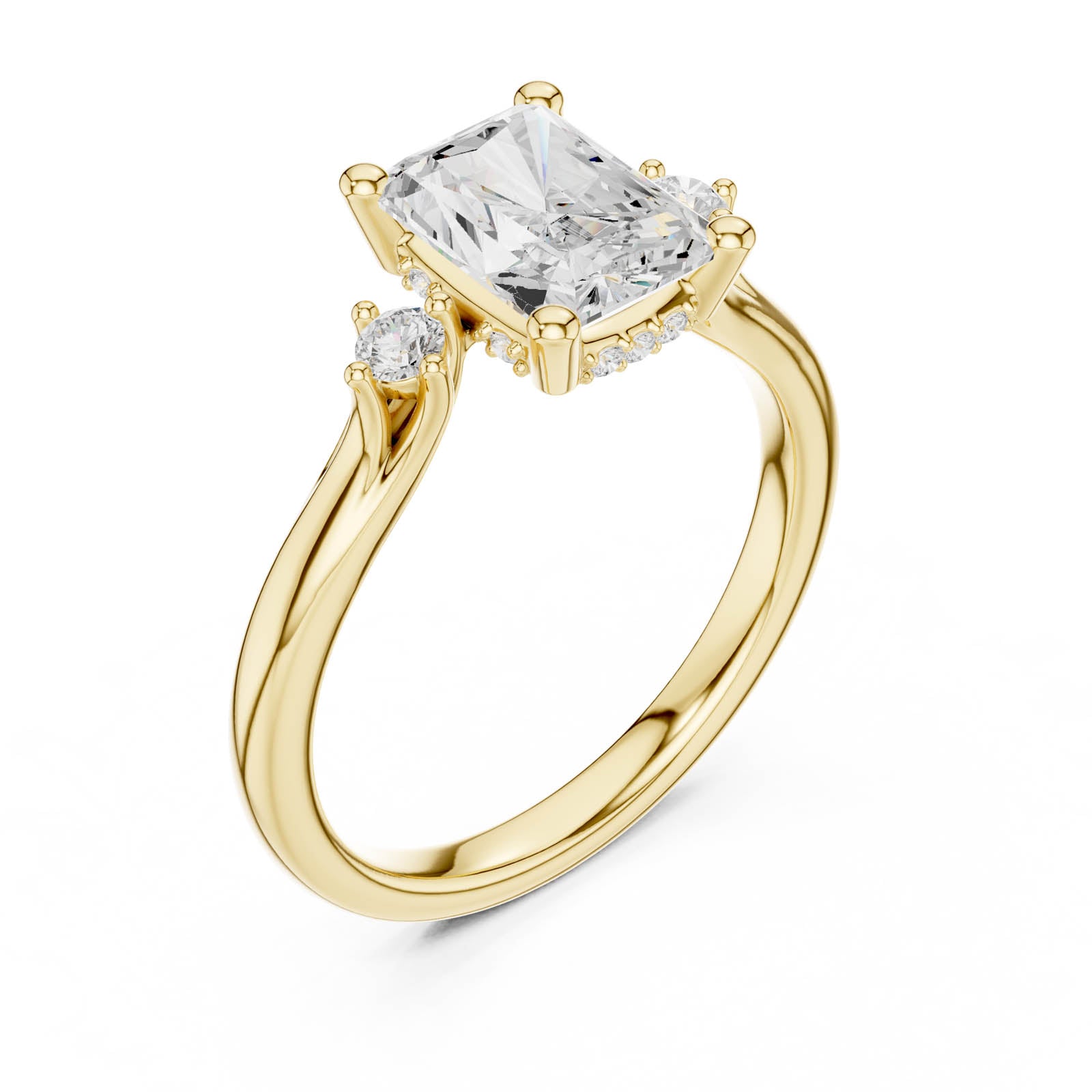 2.13 Ct. Radiant Cut Diamond Three-Stone Ring with Round Side Accents (DDLR-974) 2