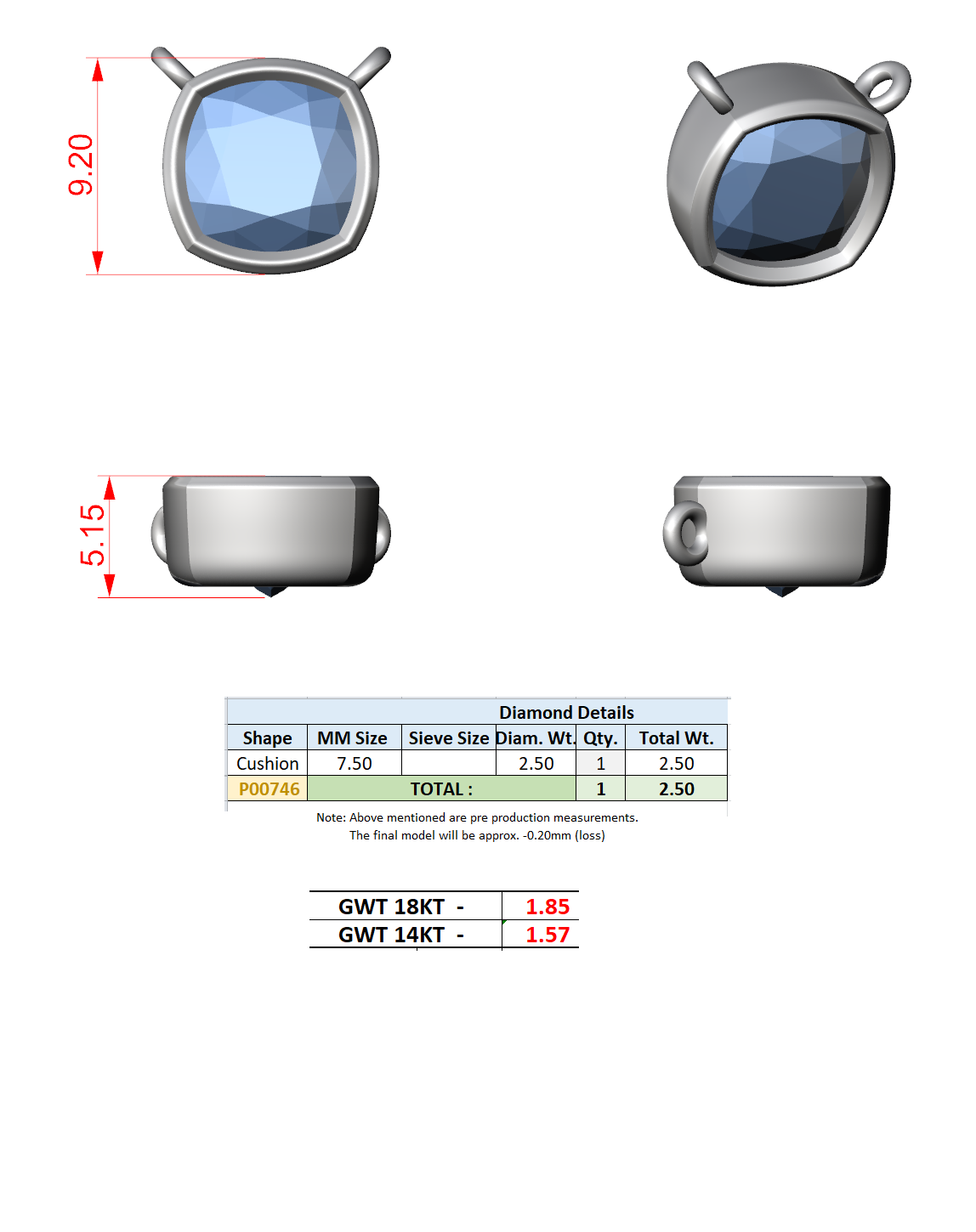 שרשרת סוליטר יהלום בליטוש קושן 2.50 קראט בשיבוץ בֶּזֶל (DDPO-007 - CU) 13