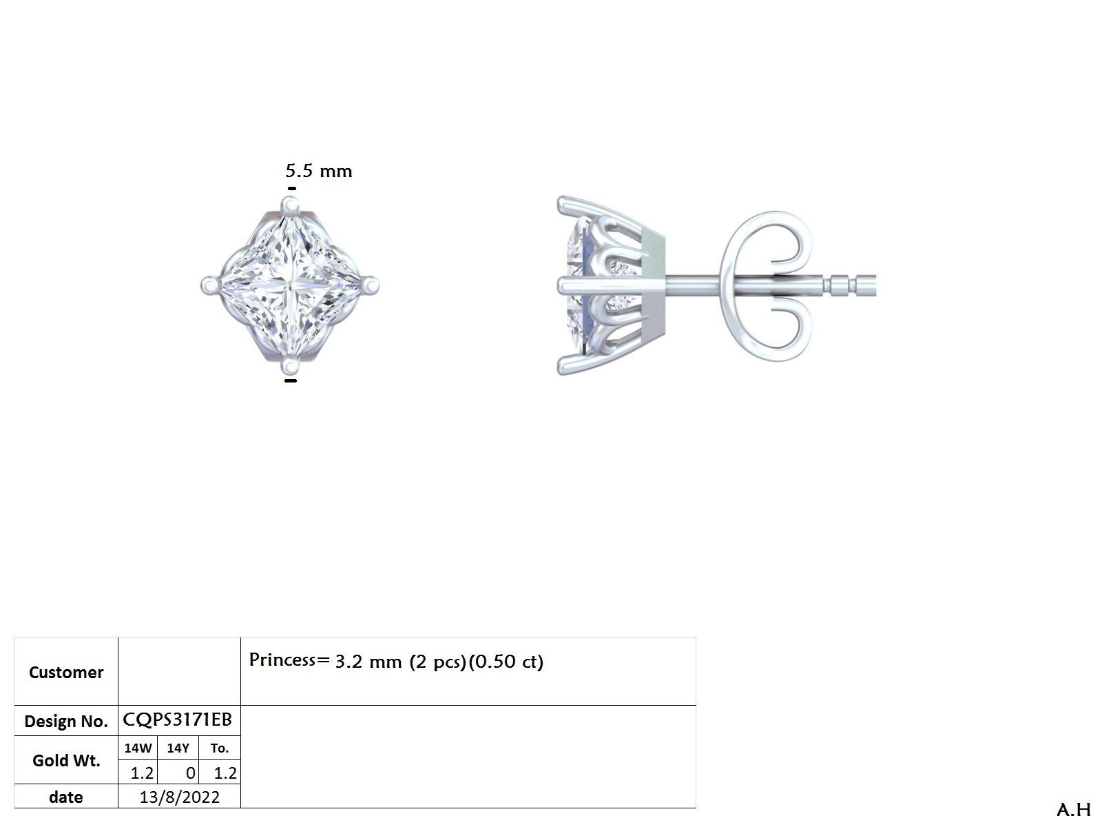 .50-1.00 Ct. Princess-Cut Diamond Solitaire Stud Earrings with Four-Prong Setting (GER-0347/48/49) 15