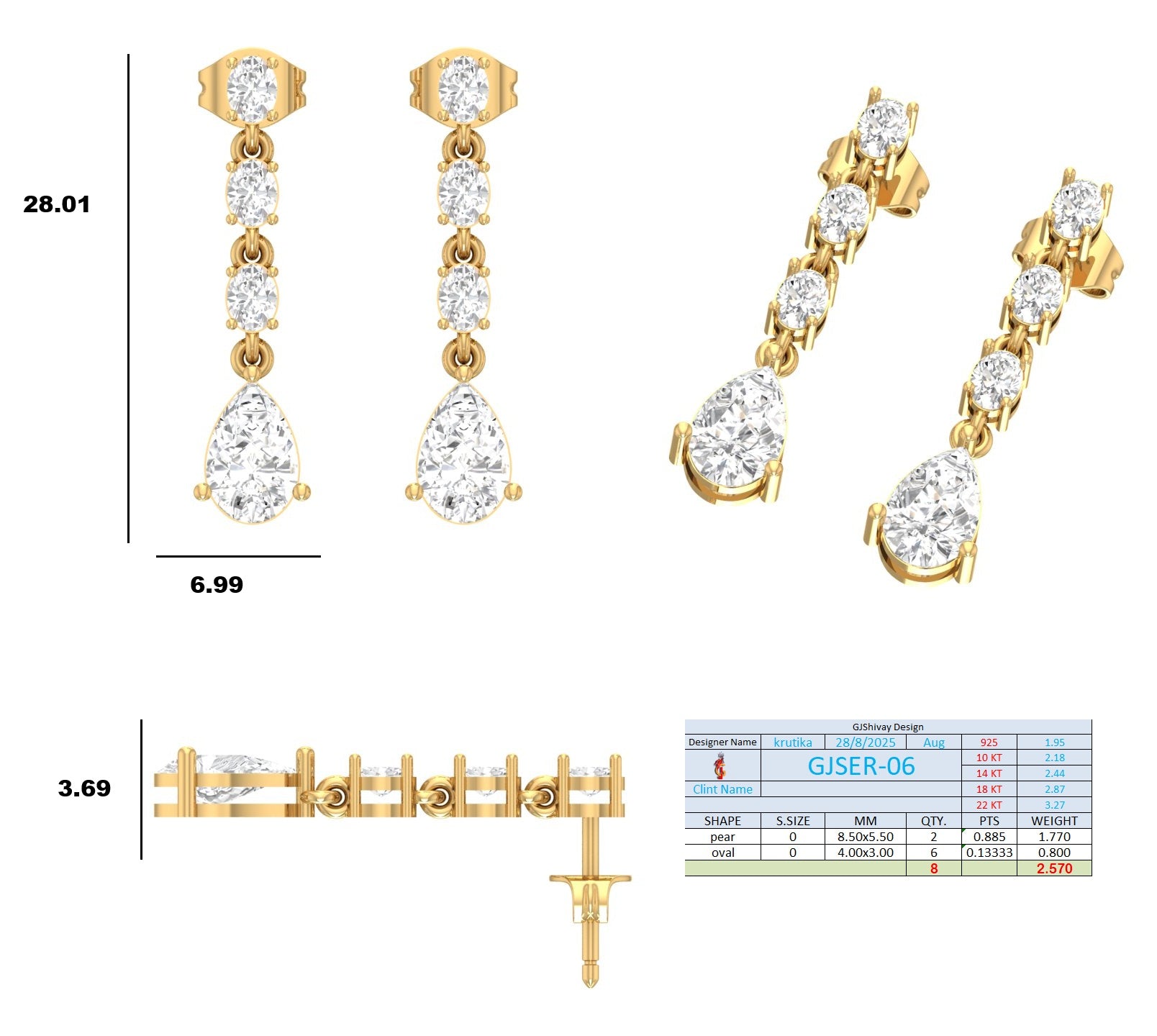 2.57 Ct Pear Diamond Drop Earrings with Graduated Oval Diamond Links (GJSER-06) 13