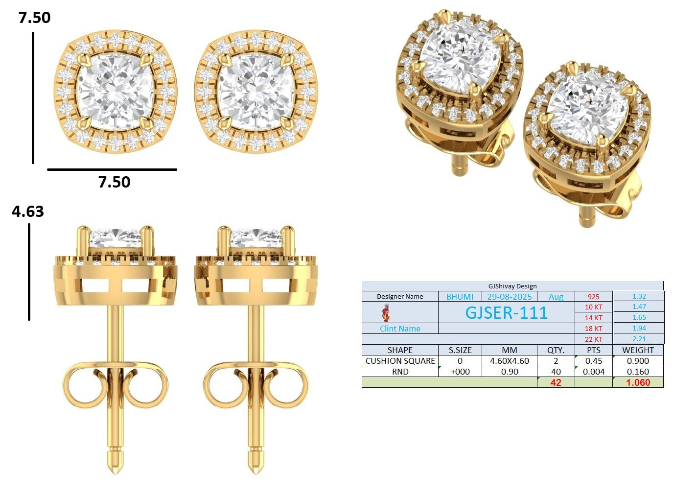 1.06 Ct. Cushion Shape Diamond Double Halo Earrings (GJSER-111) 13