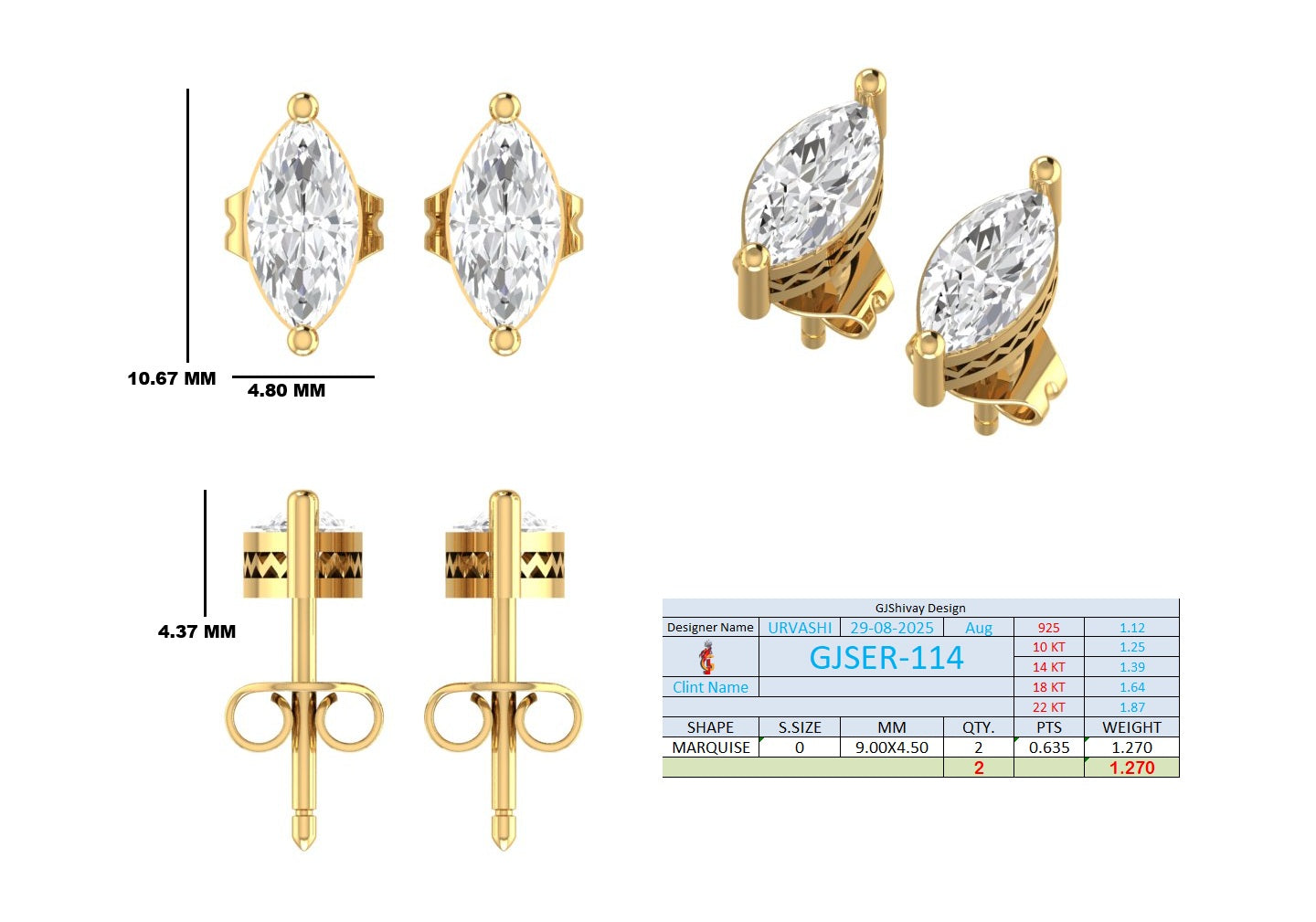 1.27 Ct. Marquise Diamond Solitaire Stud Earrings in Two-Prong Setting (GJSER-114) 13