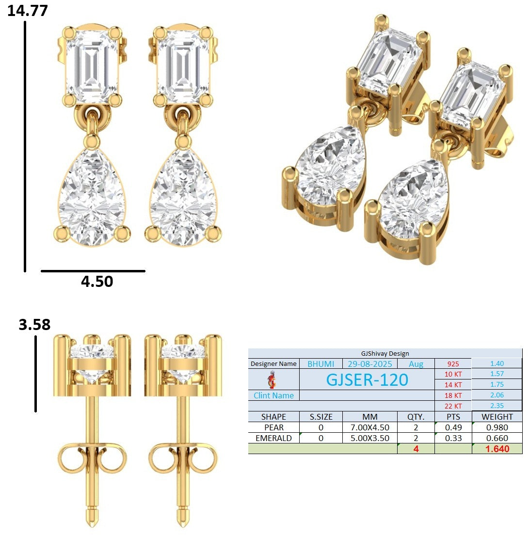 1.64 Ct. Emerald and Pear Diamond Drop Earrings in Open Bar Setting (GJSER-120) 13