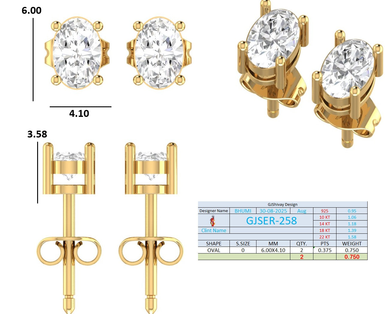 .75 Ct. Oval Diamond Solitaire Stud Earrings in Four-Prong Setting (GJSER-258) 13