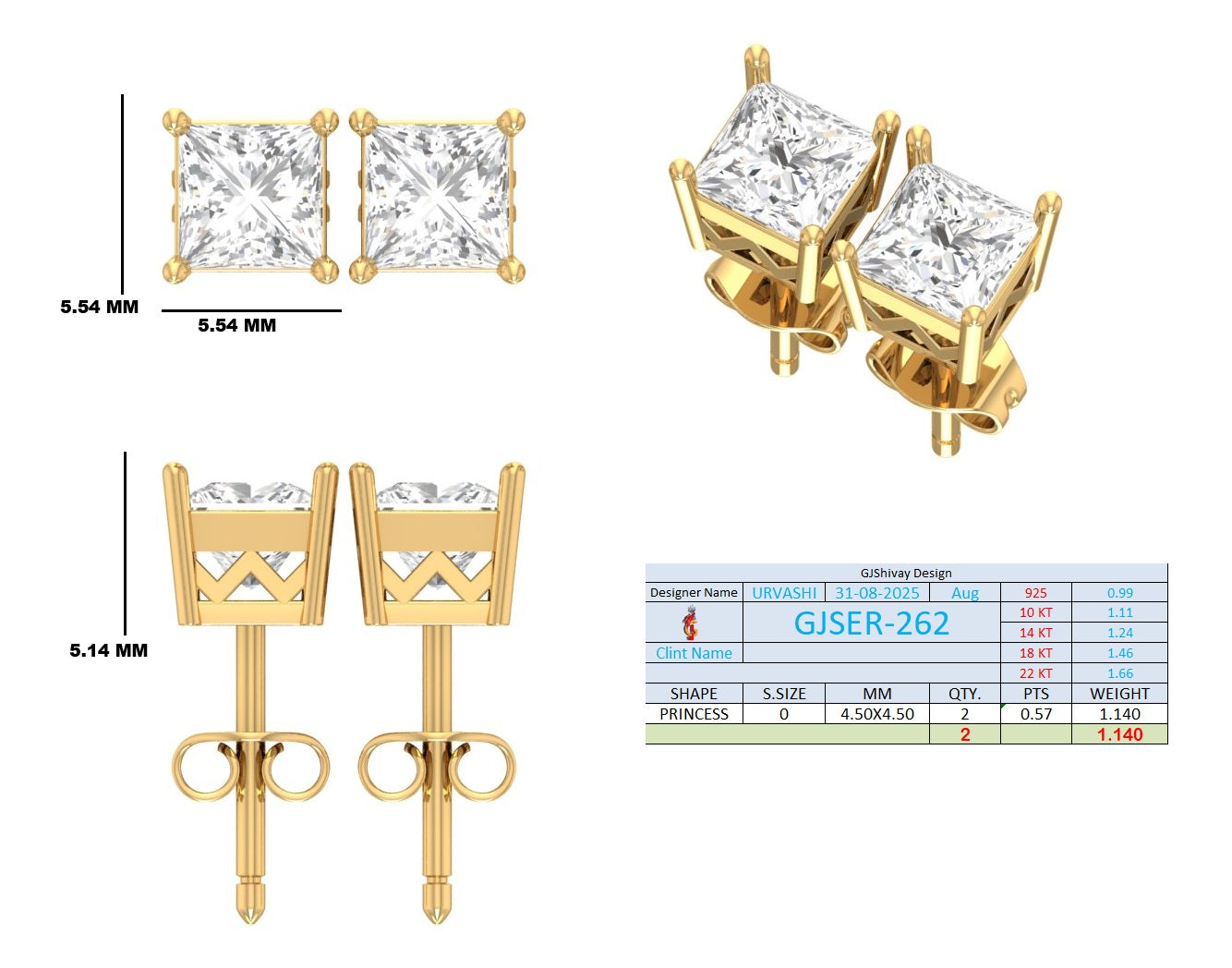 1.15 Ct. Princess Diamond Solitaire Stud Earrings in Four-Prong Setting (GJSER-262) 13