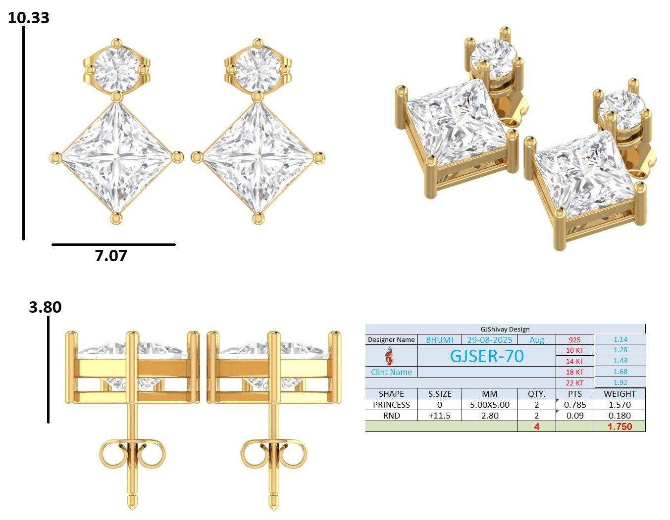 1.75 Ct. Round and Princess Diamond Drop Earrings in Two-Stone Setting (GJSER-70) 13