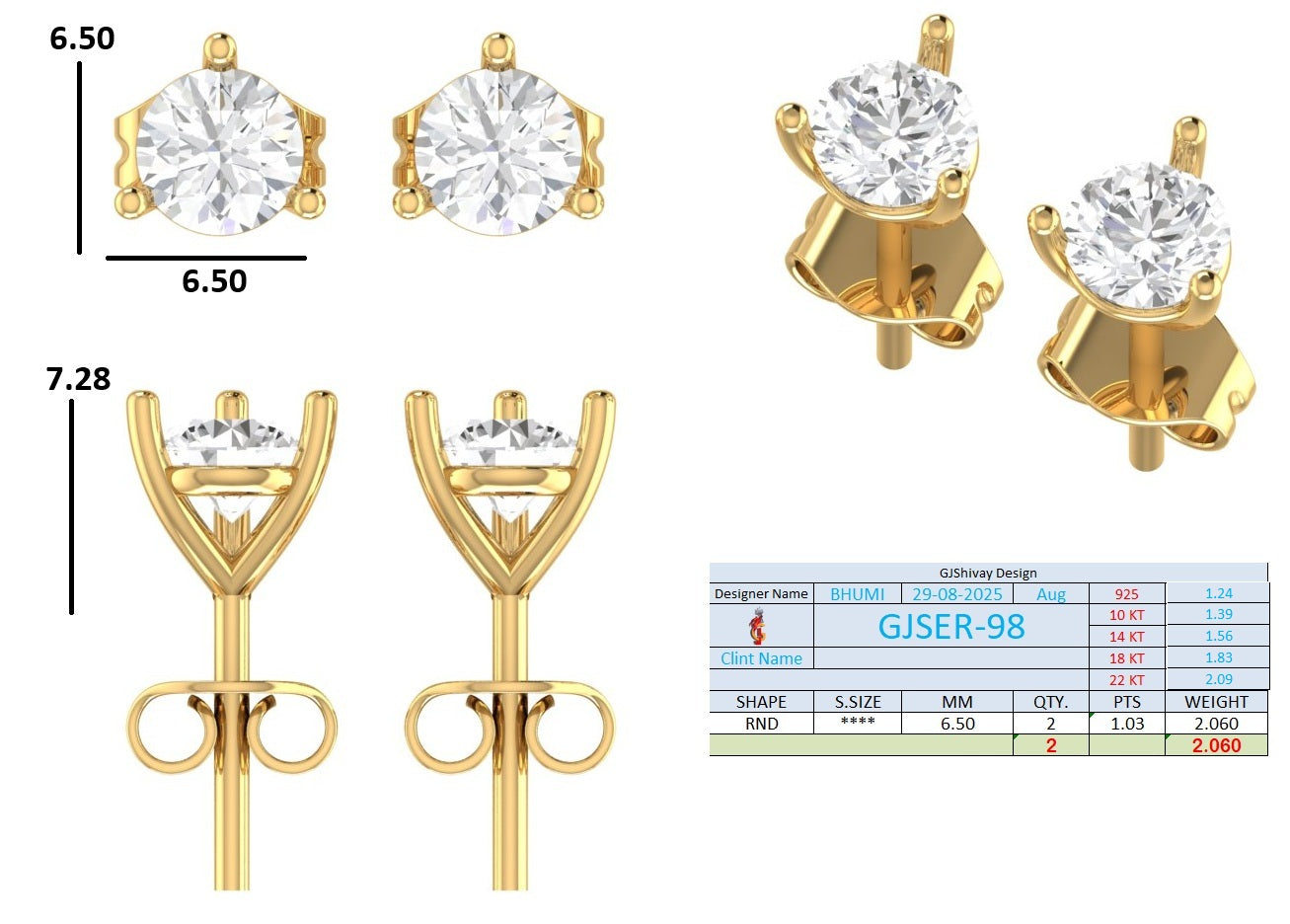 2.00 Ct. Round Diamond Solitaire Stud Earrings in Three-Prong Martini Setting (GJSER-98) 13