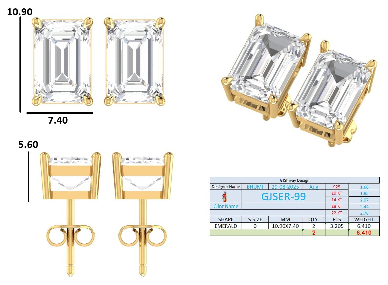 6.40 Ct. Emerald-Cut Diamond Solitaire Stud Earrings in Four-Prong Setting (GJSER-99) 13