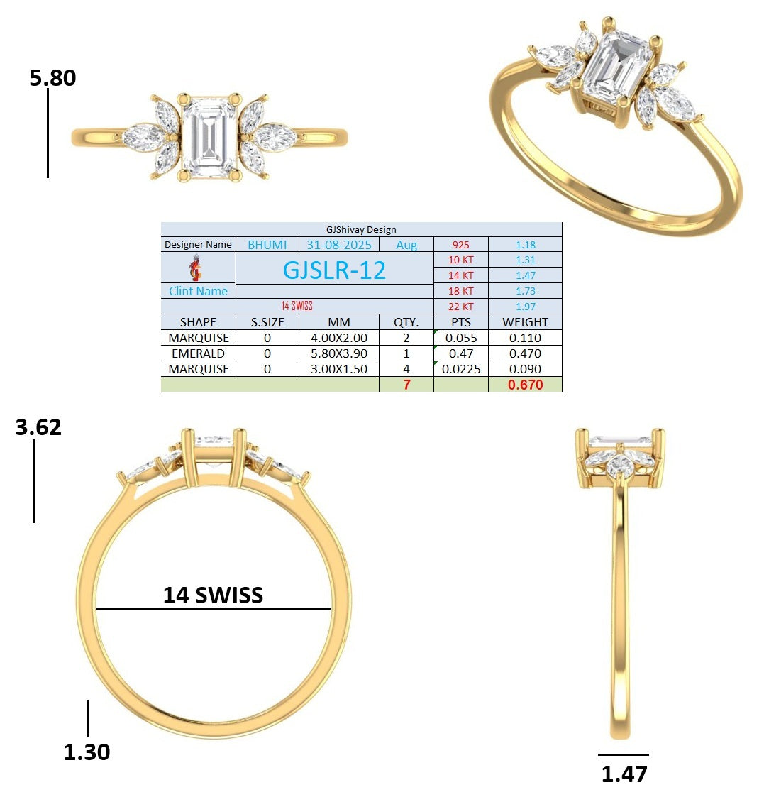 .67 Ct. Emerald-Cut Diamond Ring with Marquise Side Stones (GJSLR-012) 16
