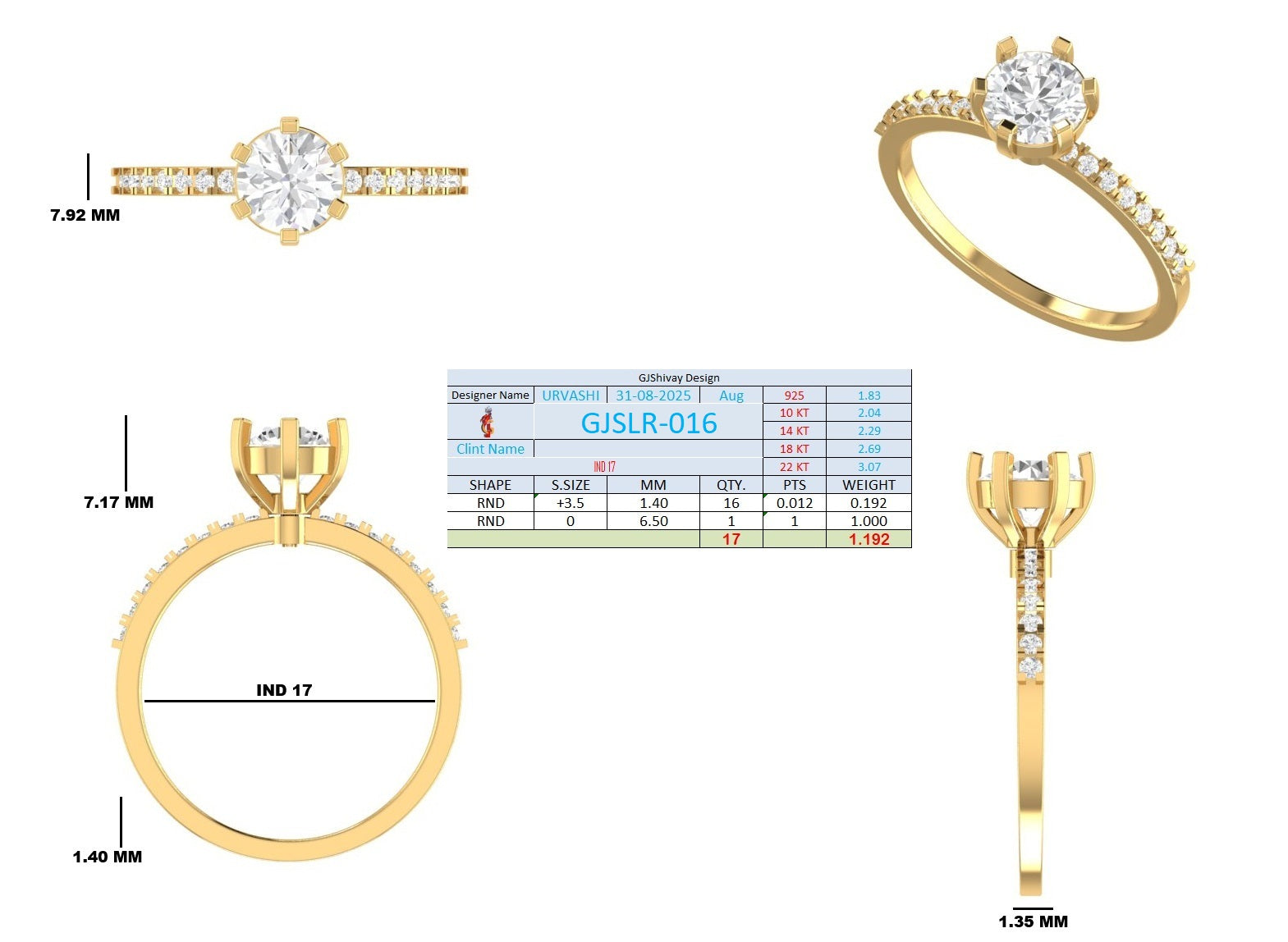 1.20 Ct. Classic Round Solitaire Diamond Ring with Pavé Band (GJSLR-016) 16