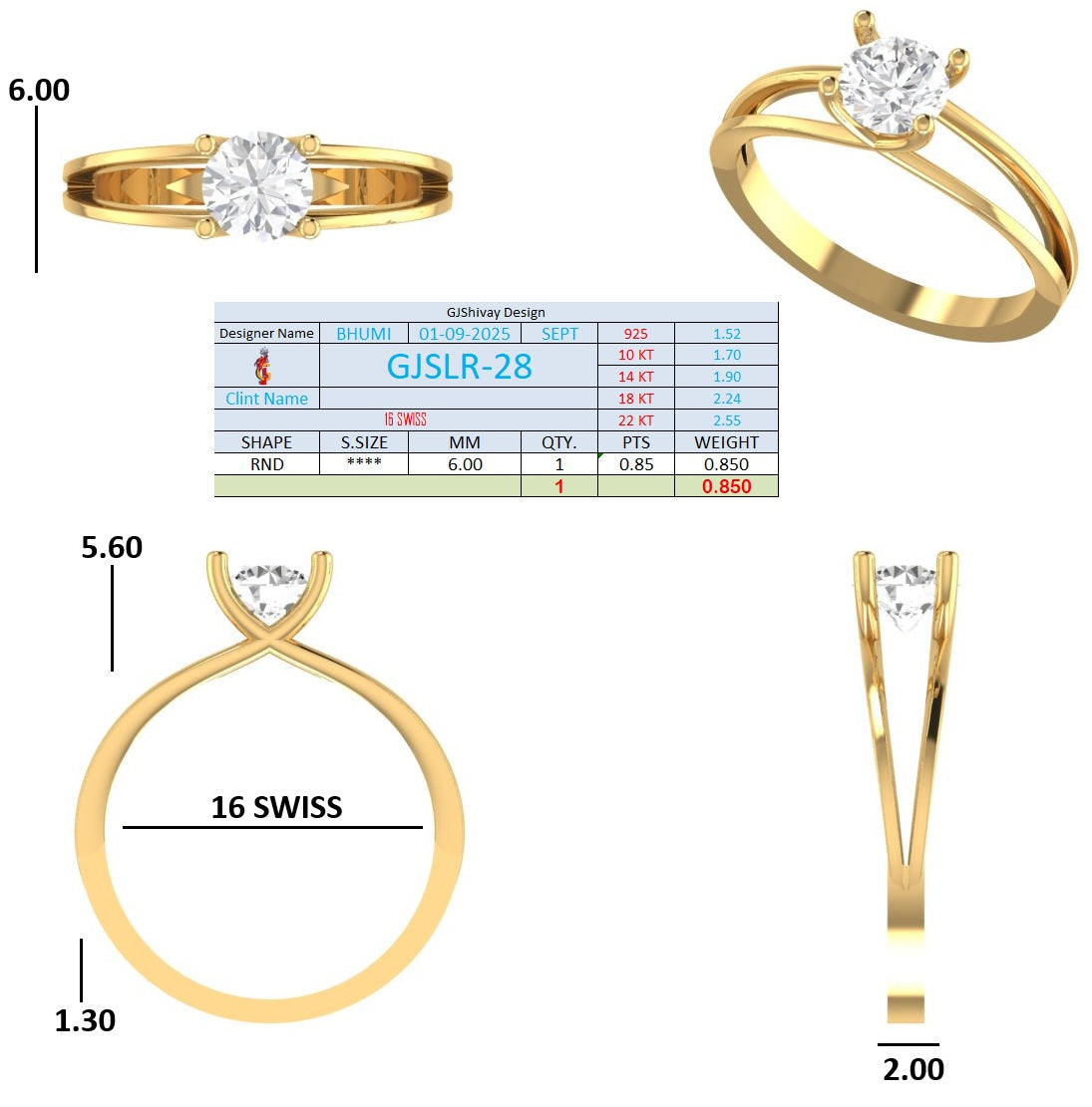 .85 Ct. Round Diamond Solitaire Ring with Split Shank (GJSLR-028) 16