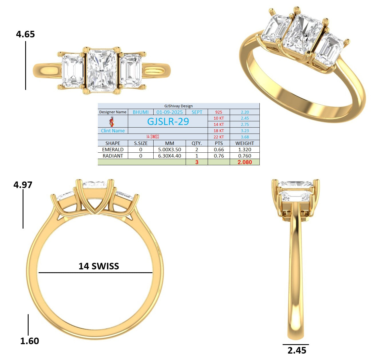 2.08 Ct. Radiant Cut Diamond Ring with Emerald Cut Side Stones (GJSLR-029) 16