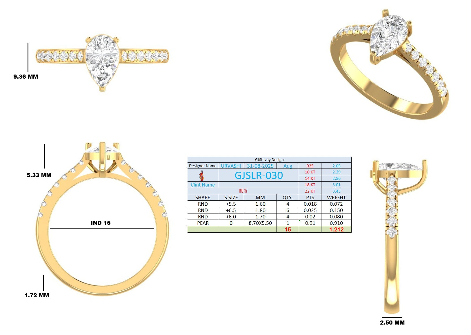 1.21 Ct. Pear Cut Diamond Engagement Ring with Pavé Band (GJSLR-030) 16