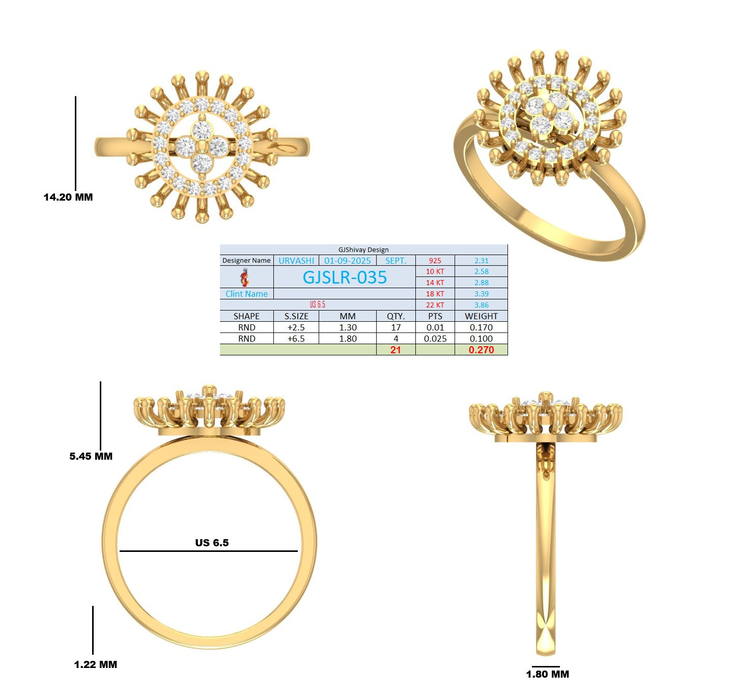 .27 Ct. Round "Water Drop" Diamond Halo Cluster Ring with Sunburst Setting (GJSLR-035) 16