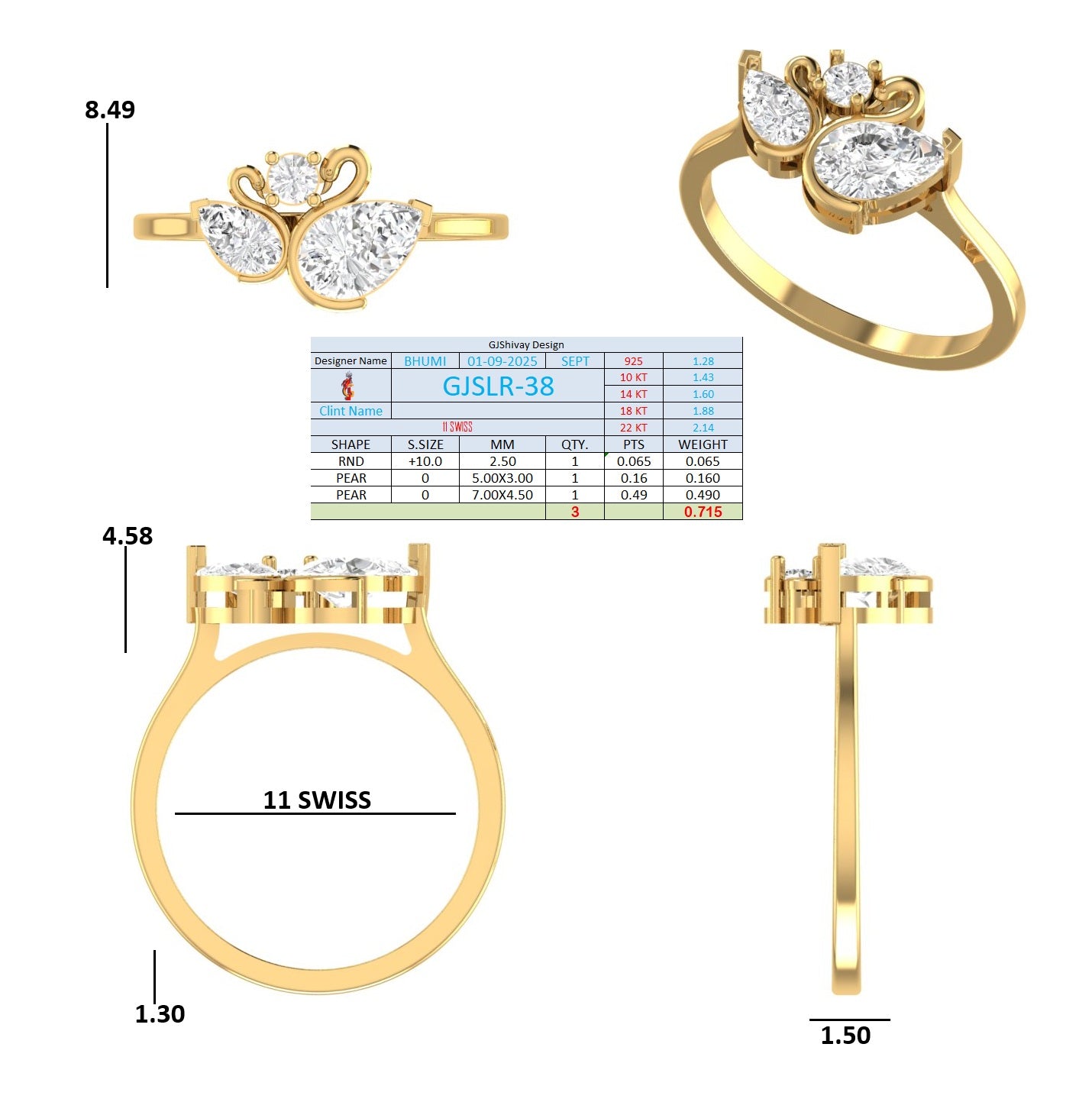 .75. Ct. Pear Diamond Three-Stone Swirl Ring (GJSLR-038) 16