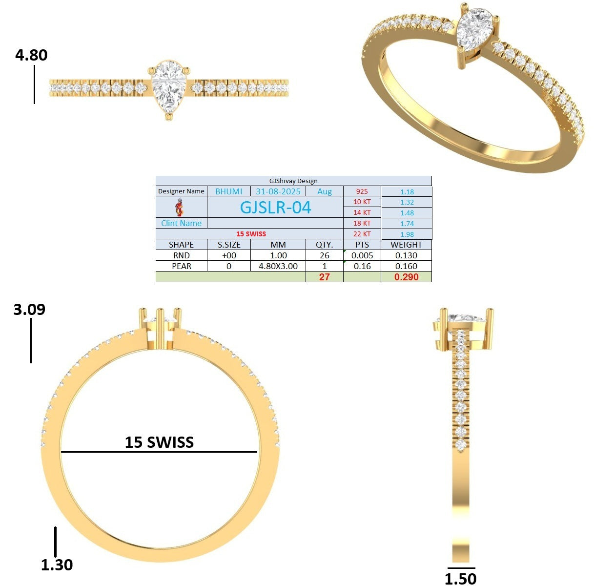 .30 Ct. Pear Diamond Ring with Pavé Band (GJSLR-04) 16