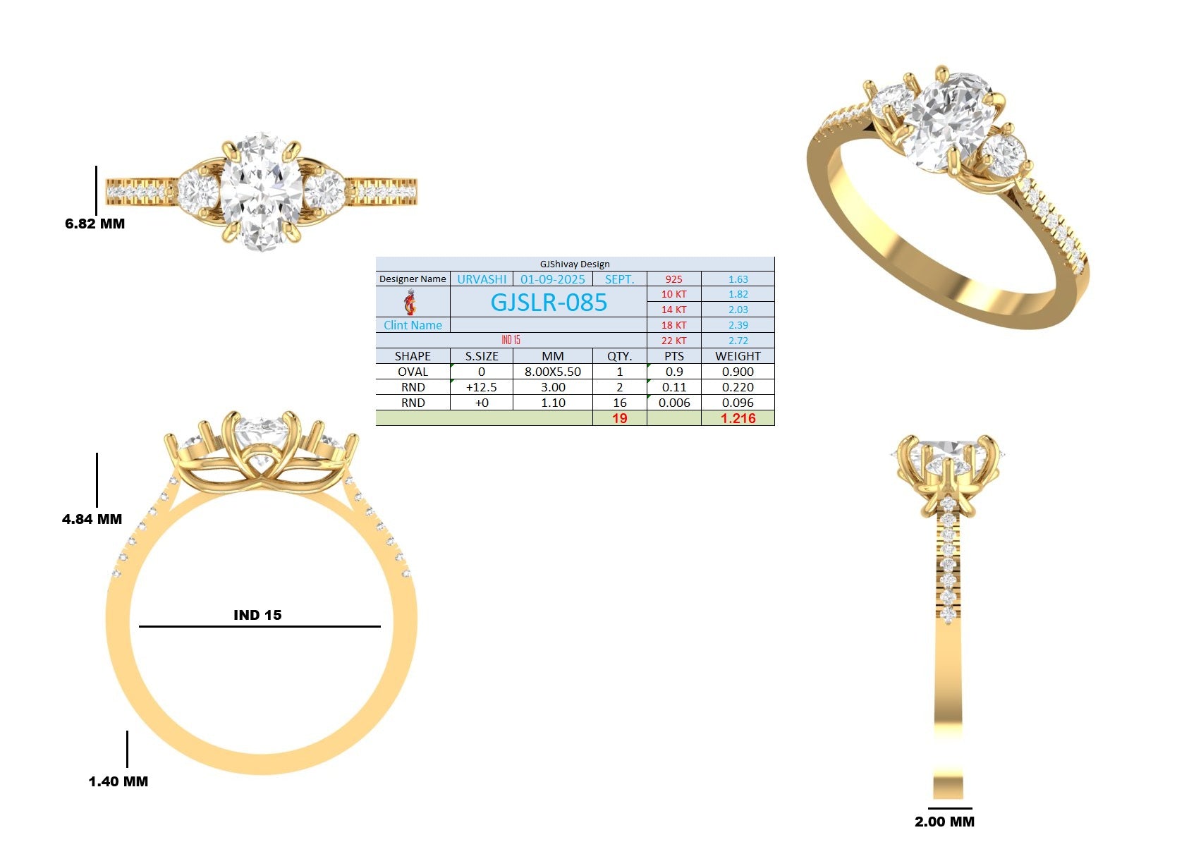 1.22 Ct. Oval Diamond Ring with Round Side Stones and Pavé Shank (GJSLR-085) 16