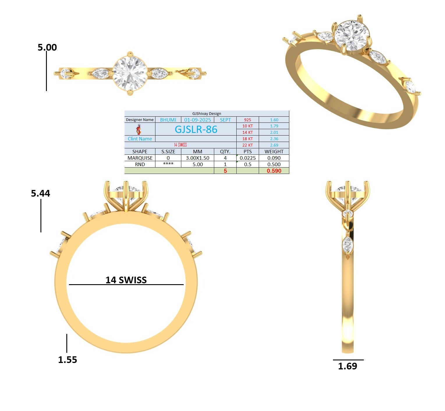 .60 Ct. Round Diamond Ring with Marquise Side Stones (GJSLR-086) 16