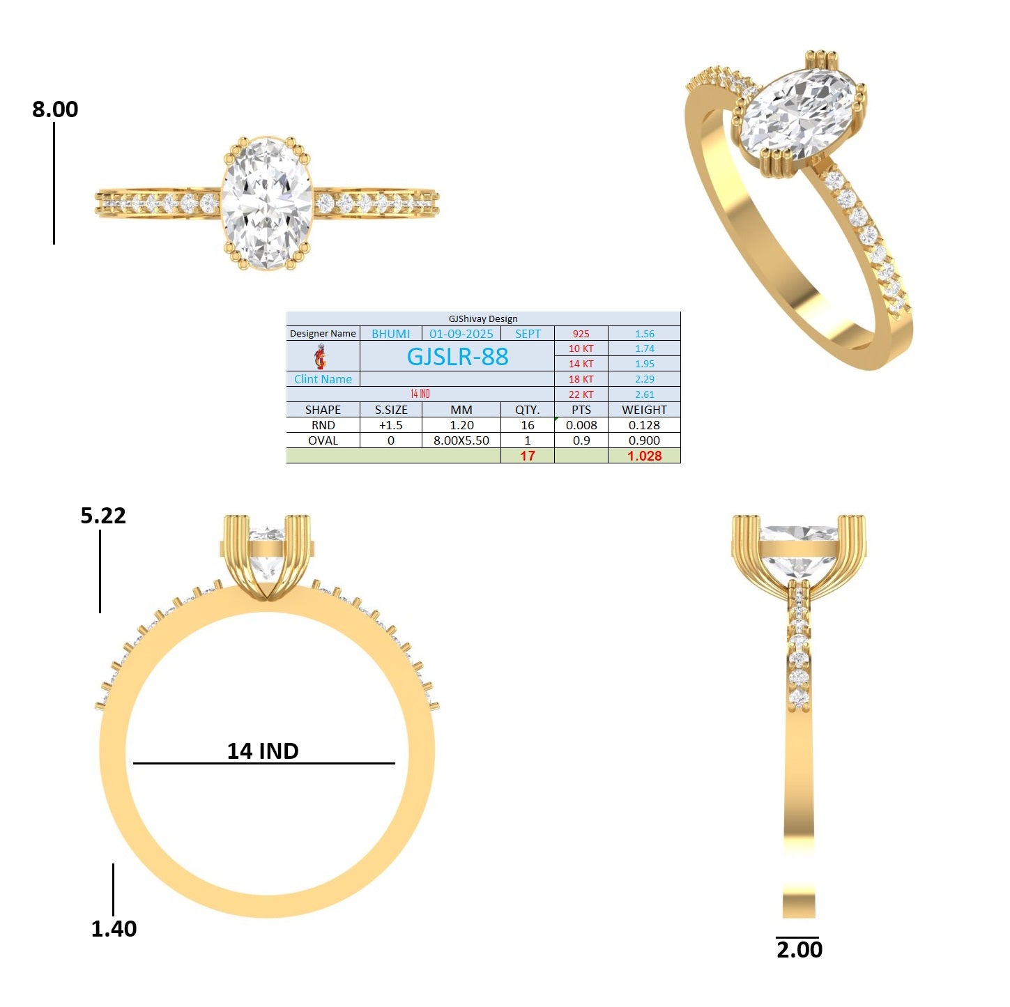 1.03 Ct. Oval Diamond Ring with Pavé Band (GJSLR-088) 16