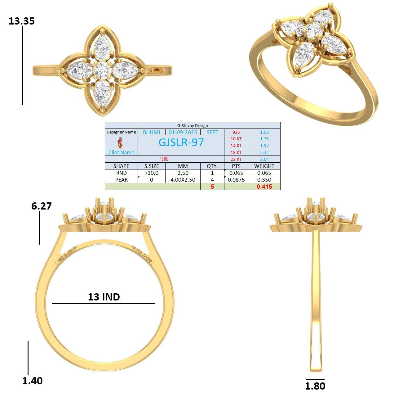 .42 Ct. Pear-Shaped Diamond Floral Cluster Ring (GJSLR-097) 16