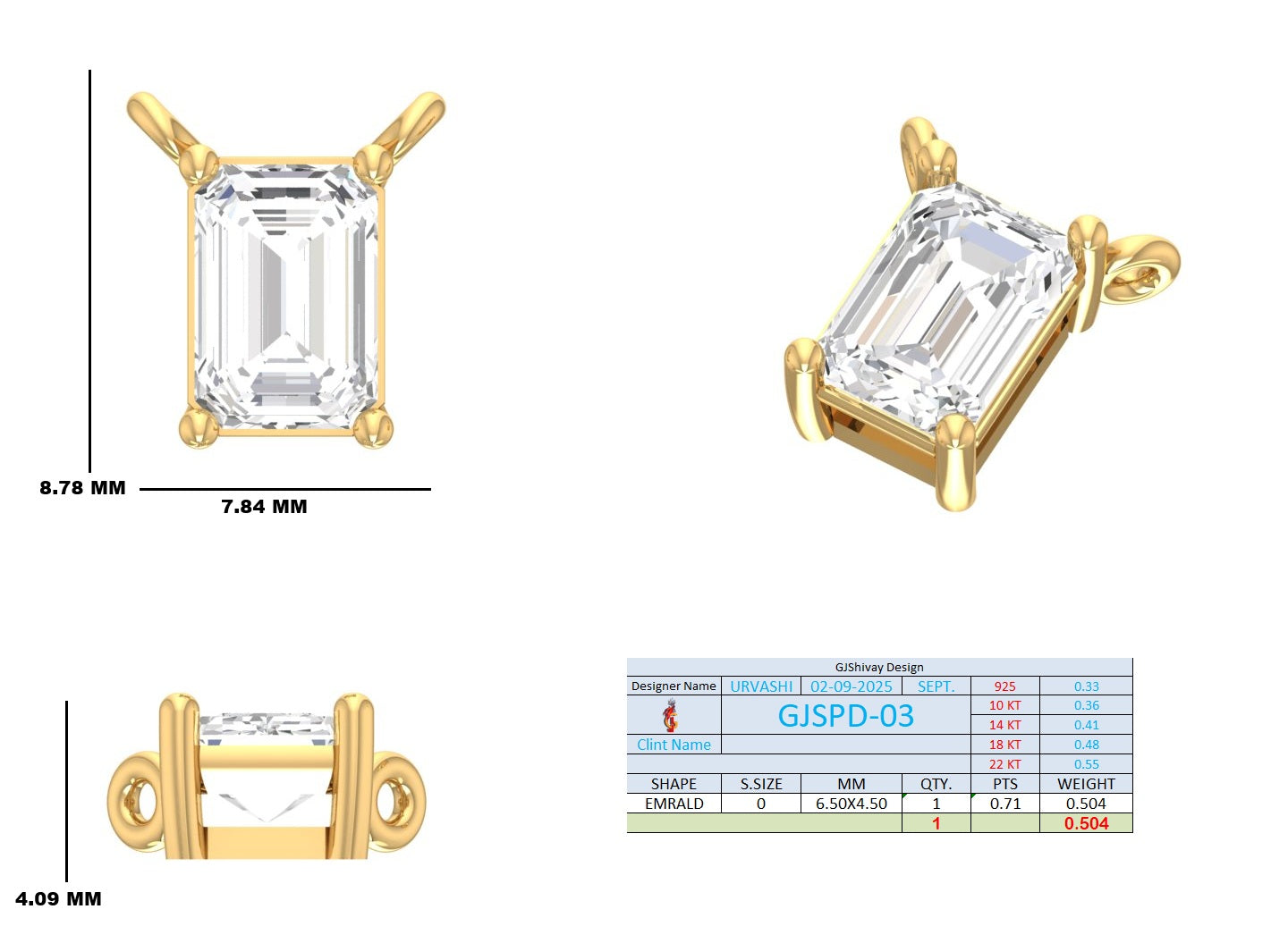 .75 Ct. Emerald-Cut Diamond Solitaire Pendant Necklace in Four-Prong Setting (GJSPD-03) 10