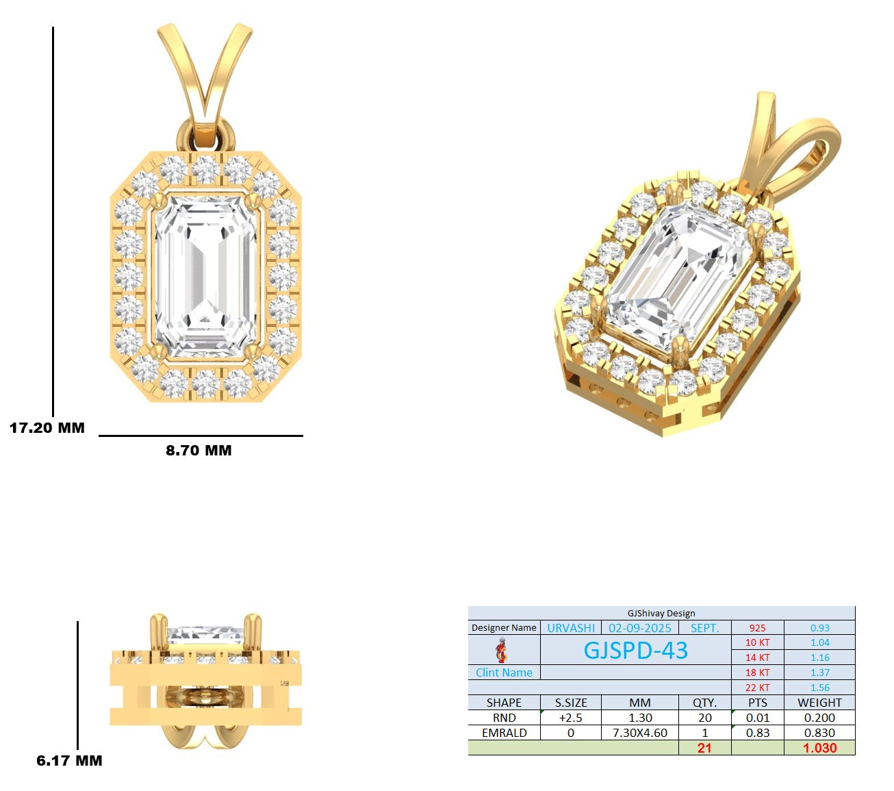 1.00 Ct. Emerald-Cut Diamond Halo Pendant Necklace (GJSPD-43) 10