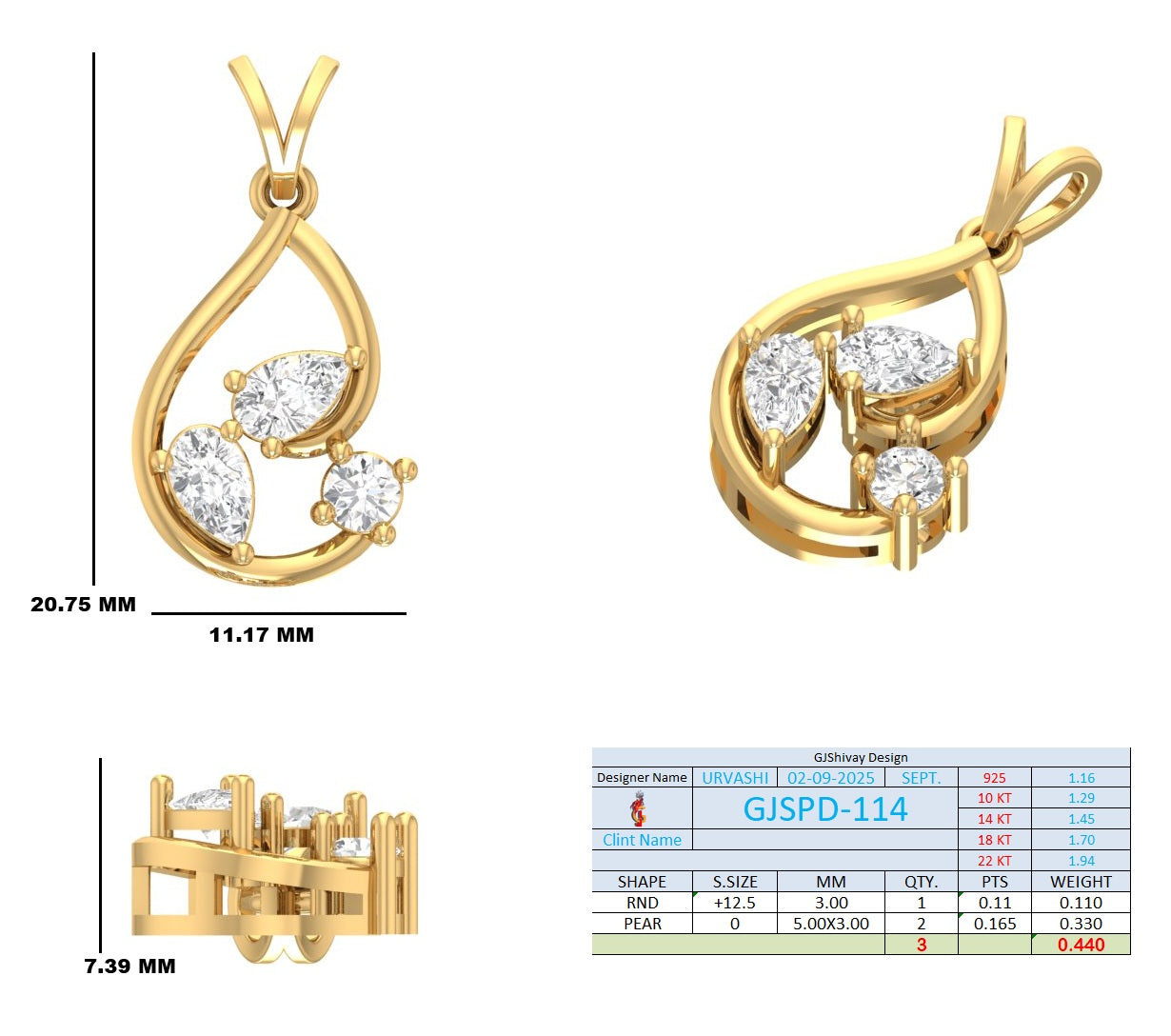 .44 Ct. Three-Stone Diamond Teardrop Pendant Necklace (GJSPD-114) 10