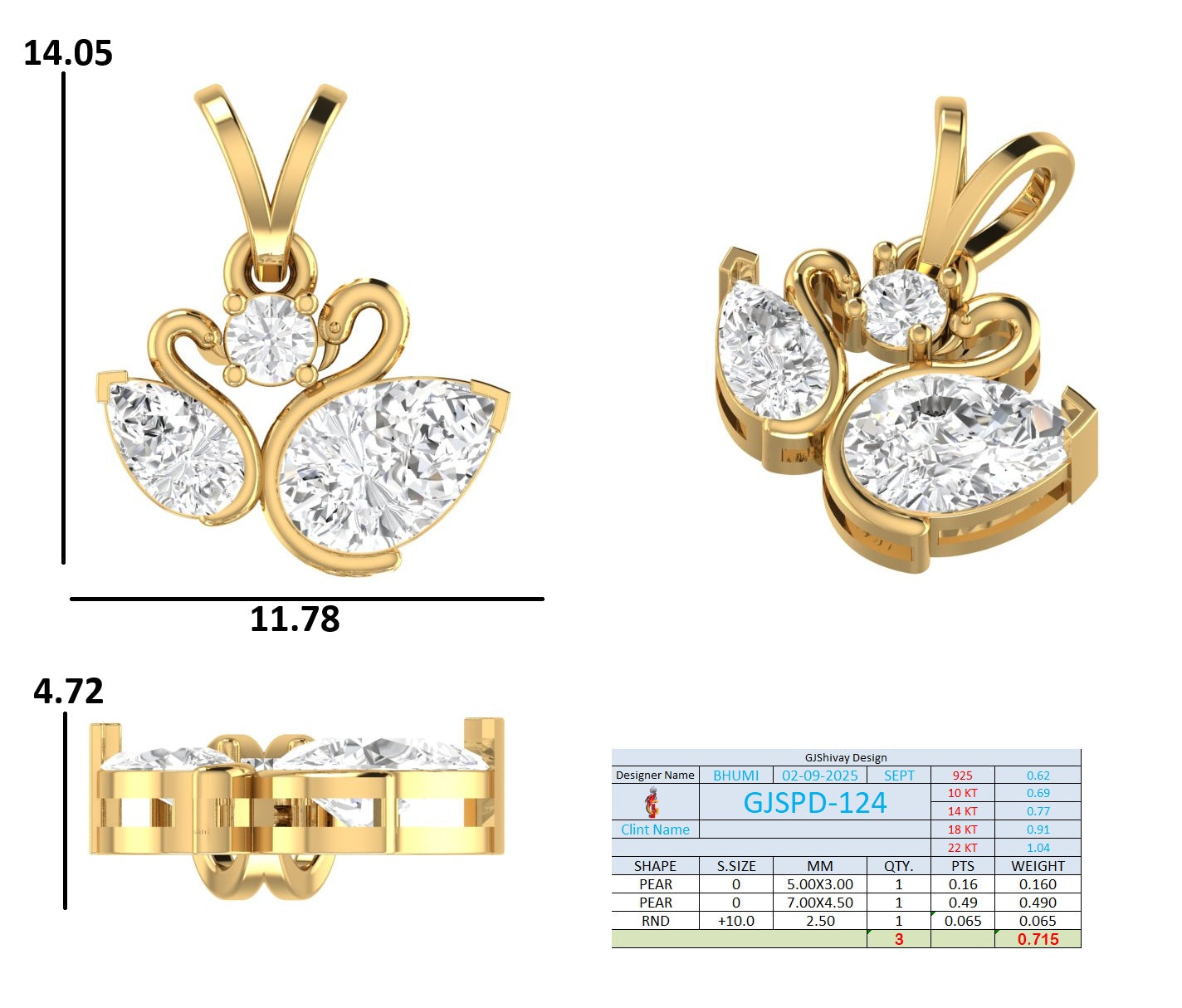 .72 Ct. Swan-Inspired Pear and Round Diamond Three-Stone Pendant Necklace (GJSPD-124) 10