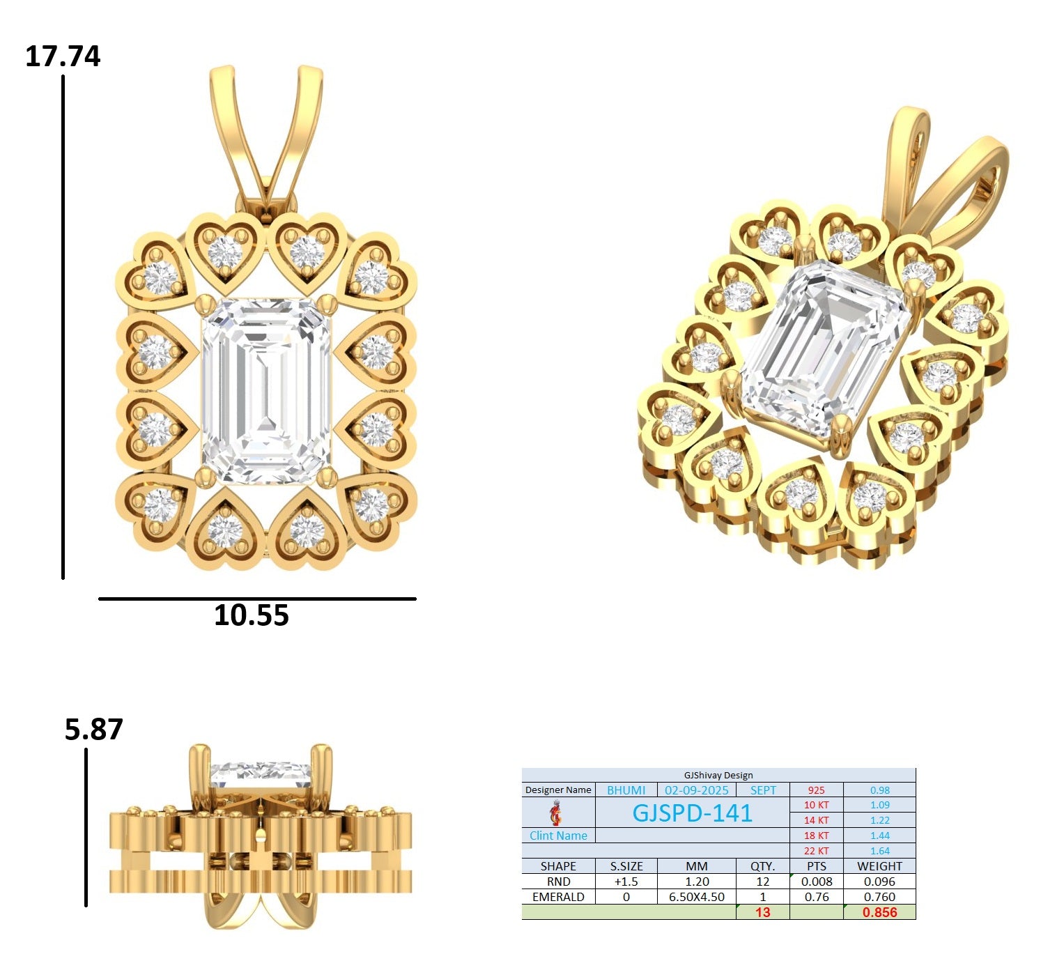 .85 Ct. Emerald-Cut Diamond Heart Halo Pendant Necklace (GJSPD-141) 10