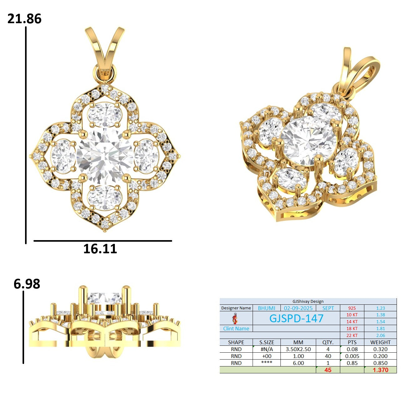 1.37 Ct. Round Diamond Floral Halo Pendant Necklace (GJSPD-147) 10