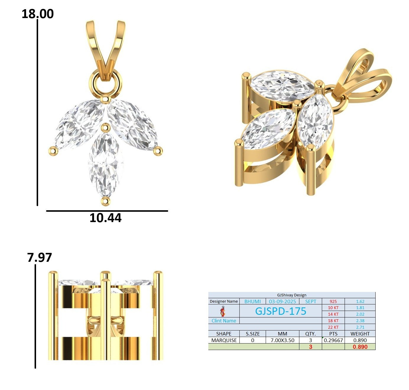 .90 Ct. Marquise Diamond Three-Stone Leaf Pendant Necklace (GJSPD-175) 10