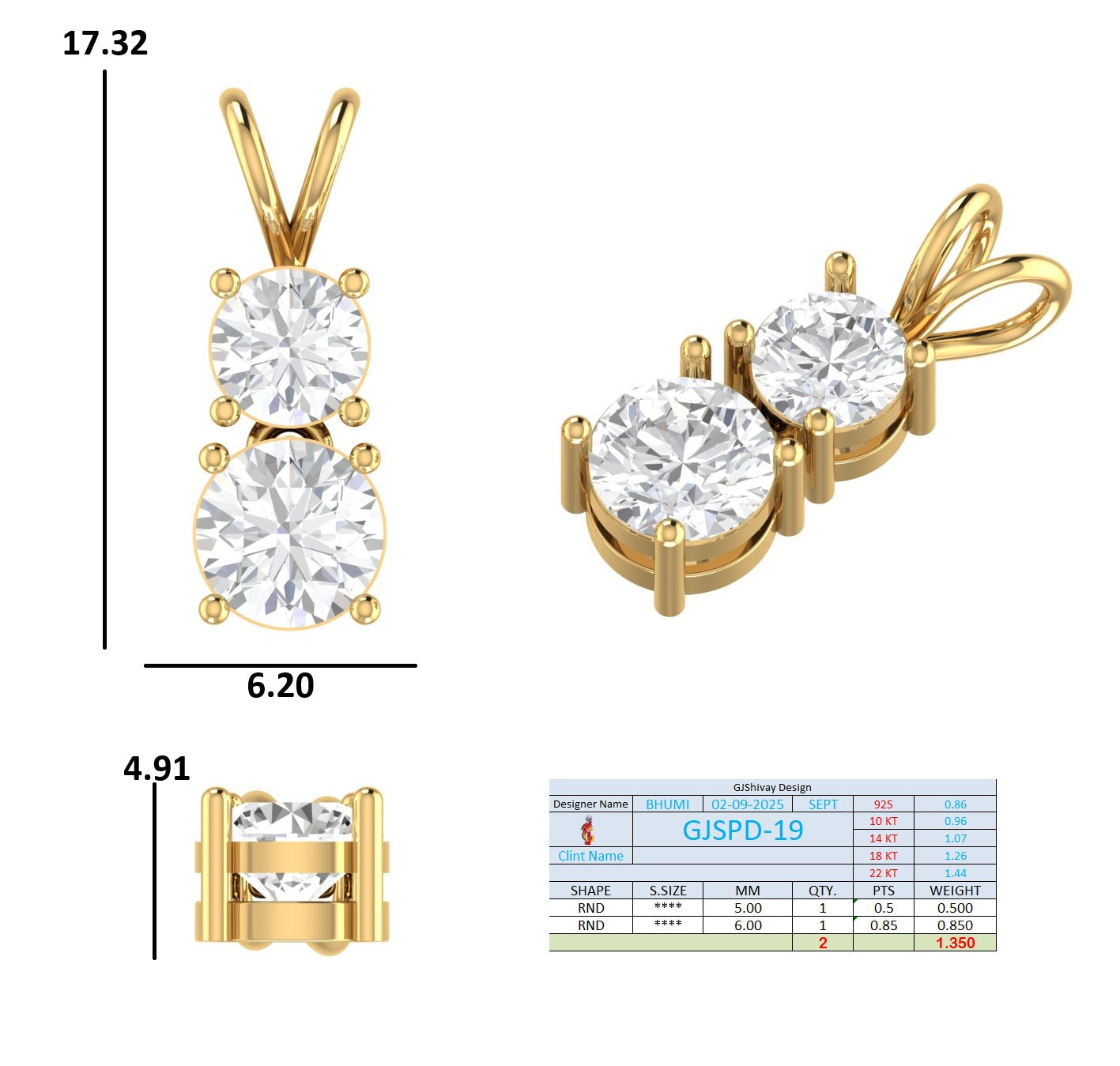 1.35 Ct. Two-Stone Round Diamond Drop Pendant Necklace (GJSPD-19) 10