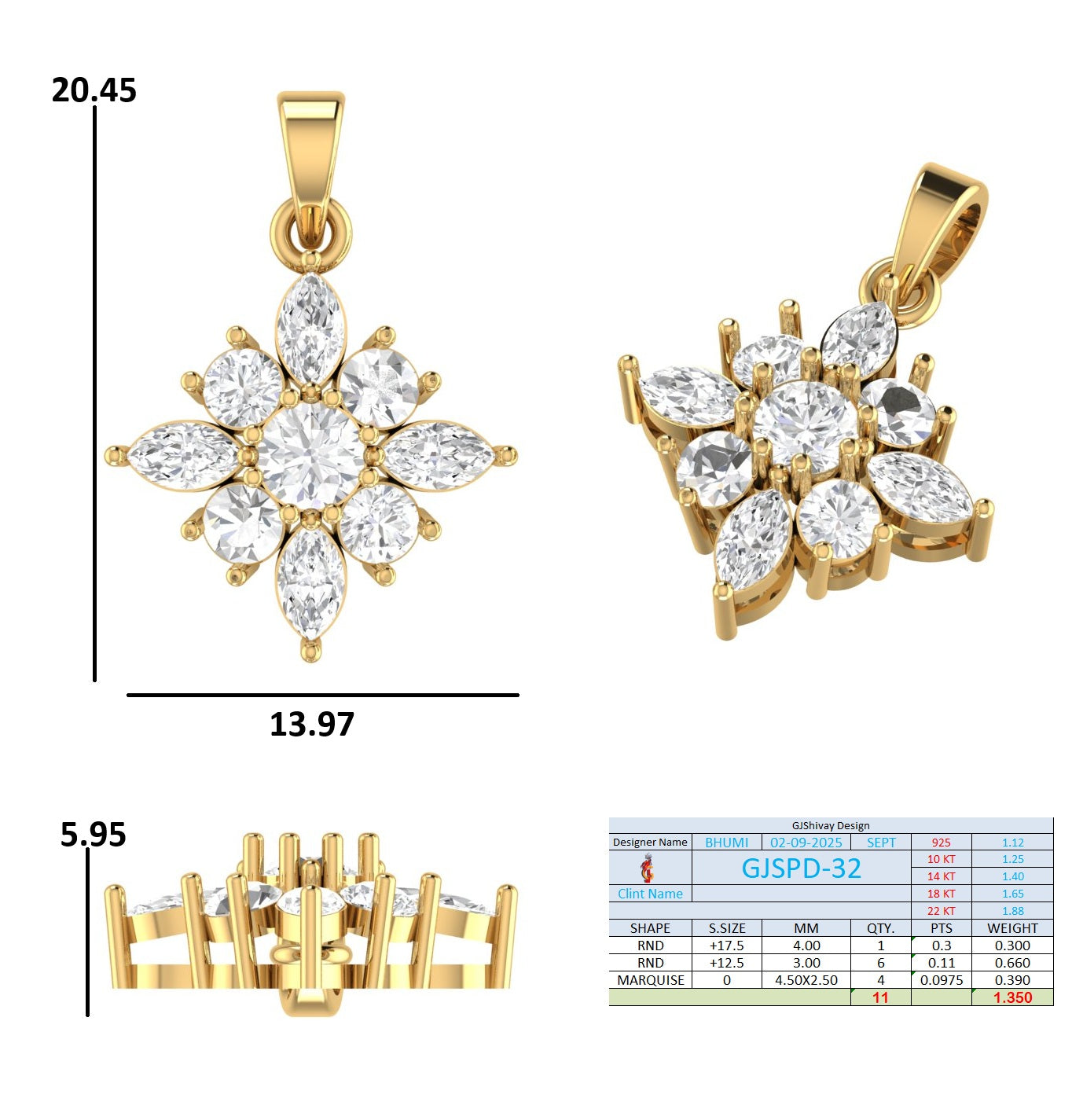 1.15 Ct. Round and Marquise Diamond Cluster Pendant Necklace (GJSPD-32) 10