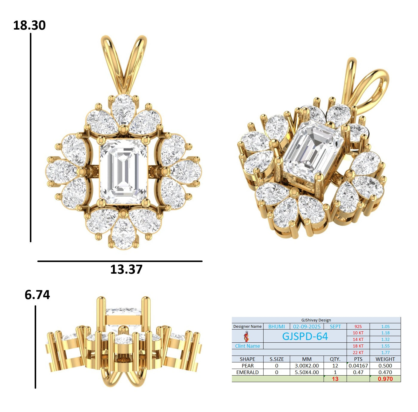 1.00 Ct. Emerald-Cut Diamond Floral Halo Pendant Necklace (GJSPD-64) 10