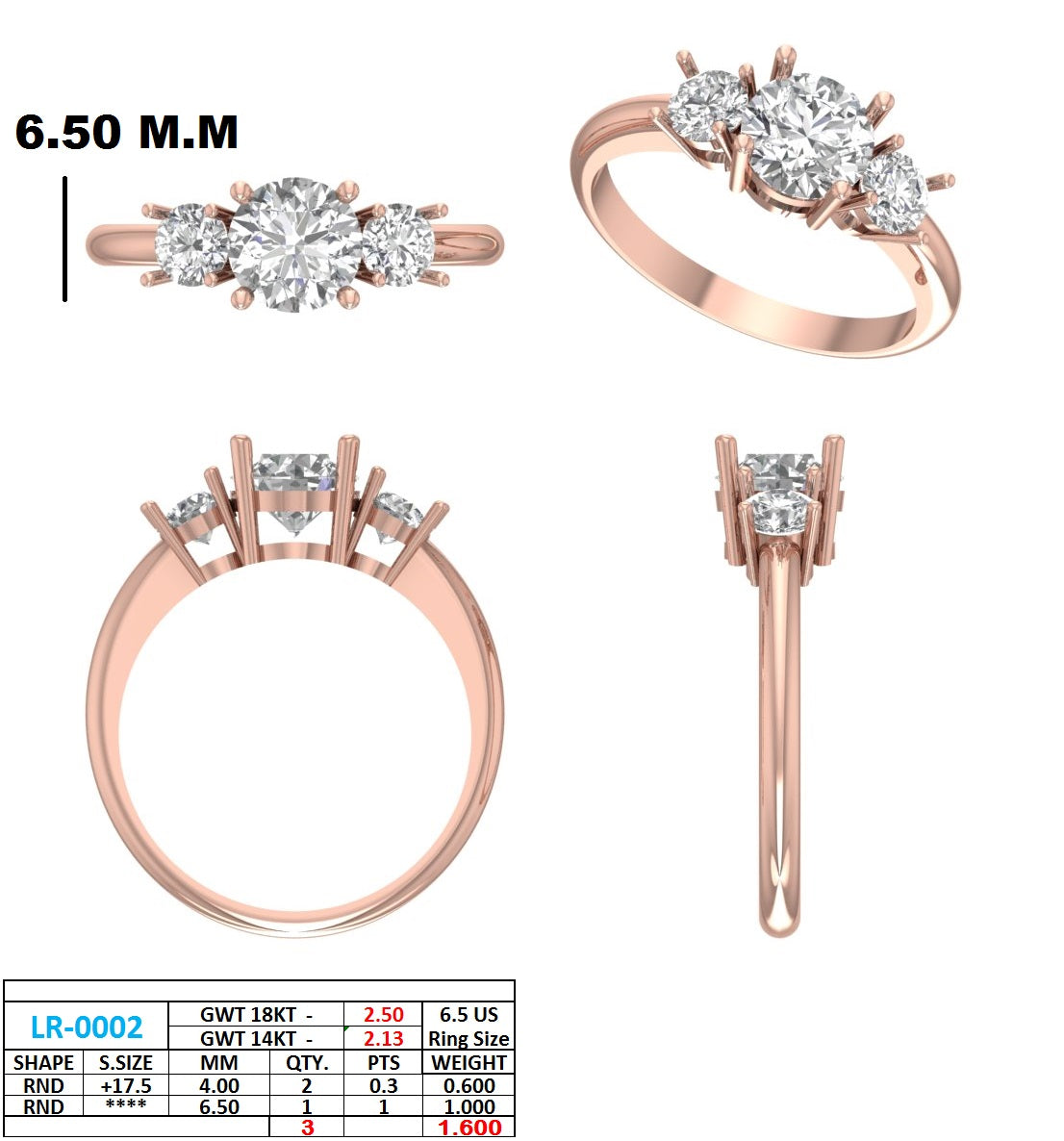 1.60 Ct. Round Diamond Three-Stone Ring with Classic Prong Setting (DDLR-1099) 13