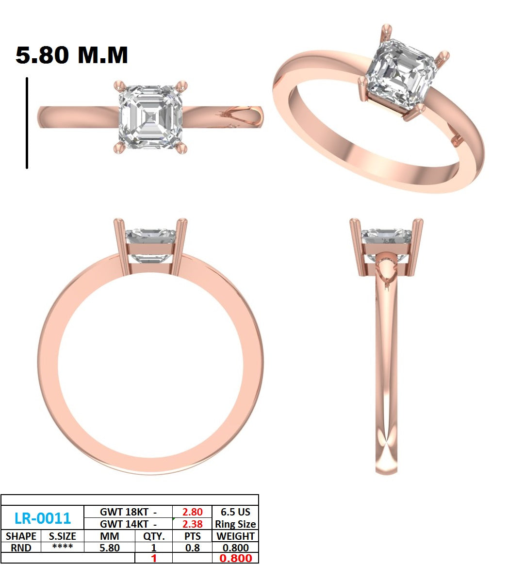 .80 Ct. Asscher Cut Diamond Solitaire Ring with Four-Prong Setting (DDLR-1108) 13