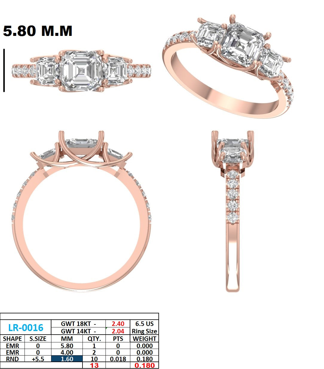 2.08 Ct. Asscher Cut Diamond Three-Stone Ring with Pavé Band (DDLR-1113) 13