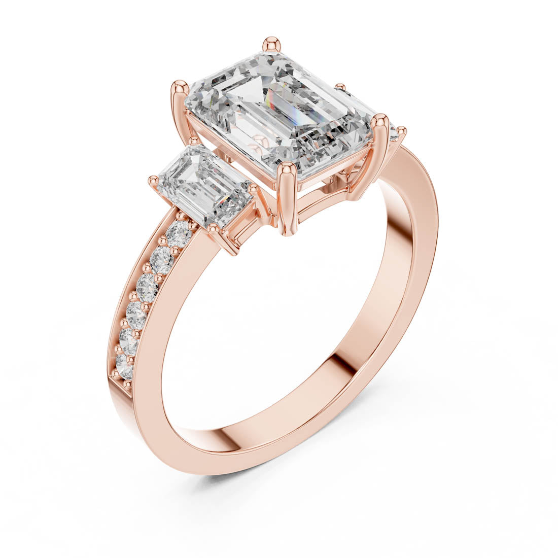 2.66 Ct. Emerald Cut Three-Stone Engagement Ring with Pavé Diamond Band (LR-0069) 4