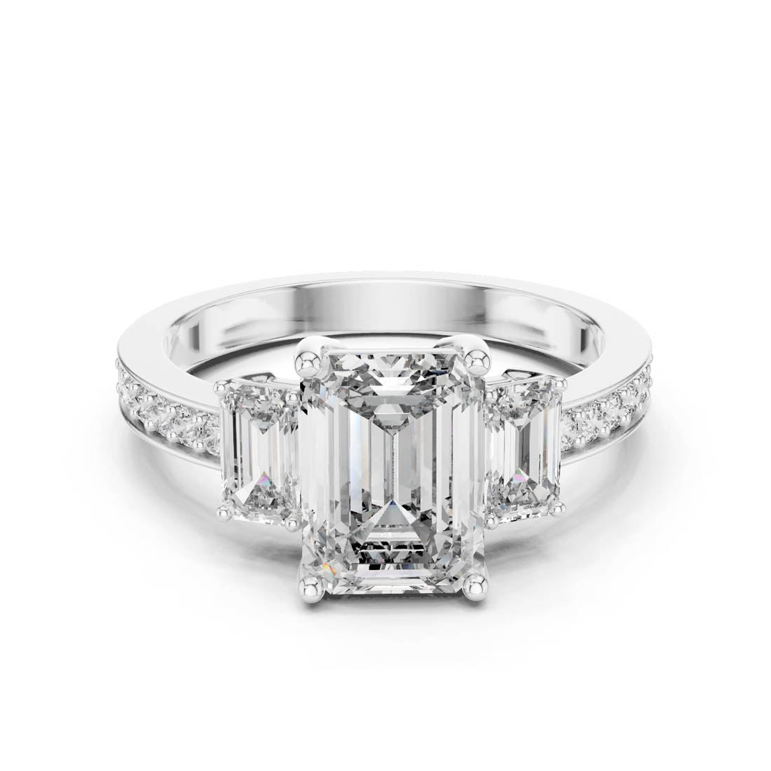 2.66 Ct. Emerald Cut Three-Stone Engagement Ring with Pavé Diamond Band (LR-0069)