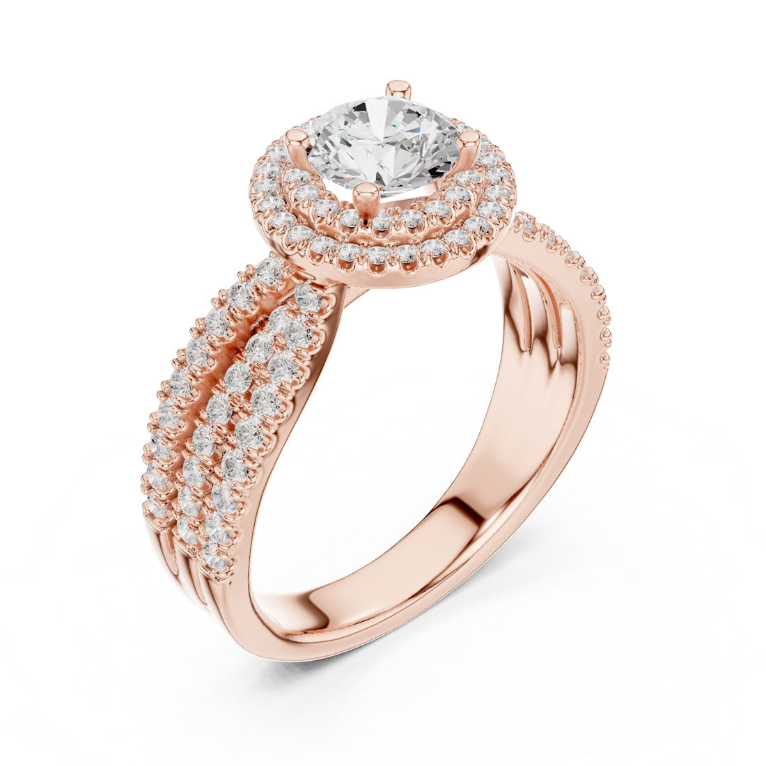 1.60 Ct. Round Diamond Double Halo Ring with Triple-Row Pavé Band (LR-0213) 6