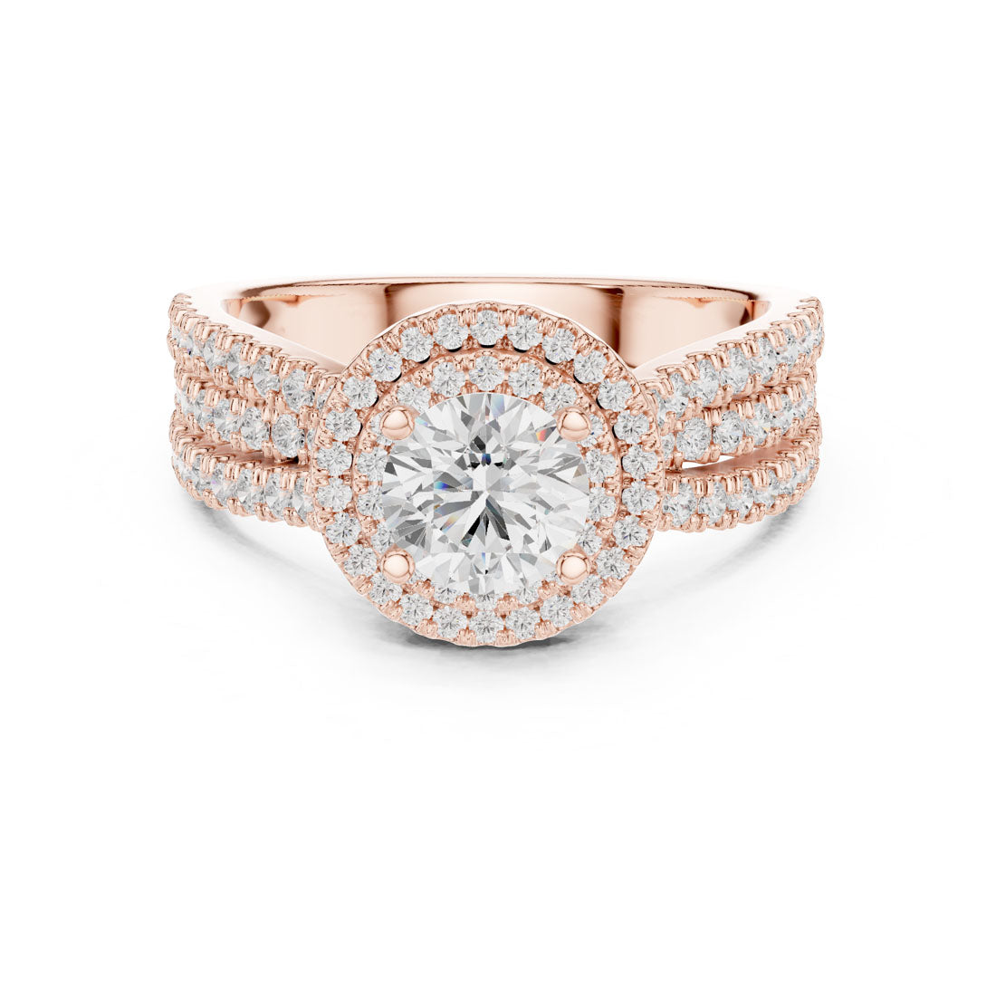 1.60 Ct. Round Diamond Double Halo Ring with Triple-Row Pavé Band (LR-0213) 7